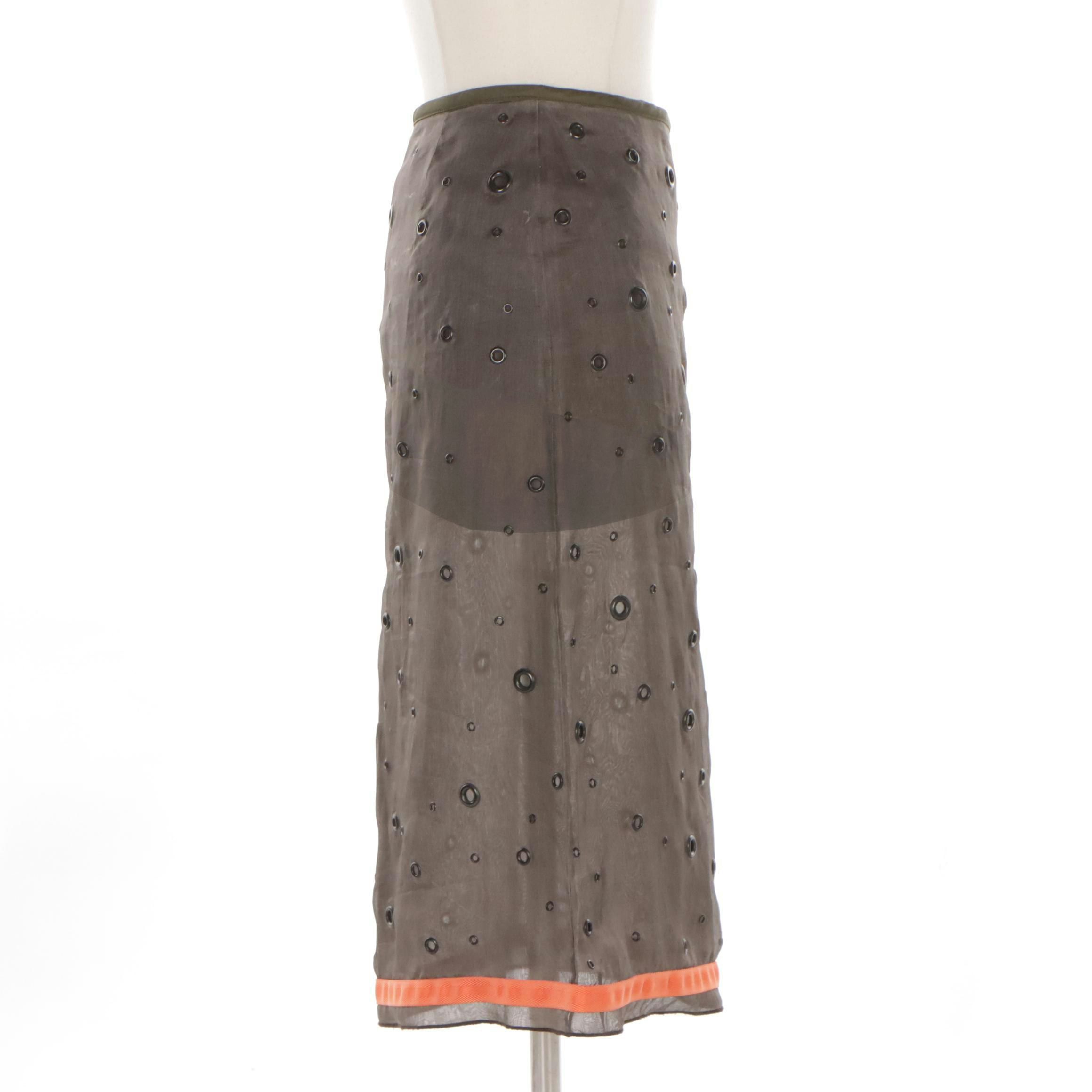 Prada All-Over Eyelet Embellished Grey Silk Knee-Length Skirt