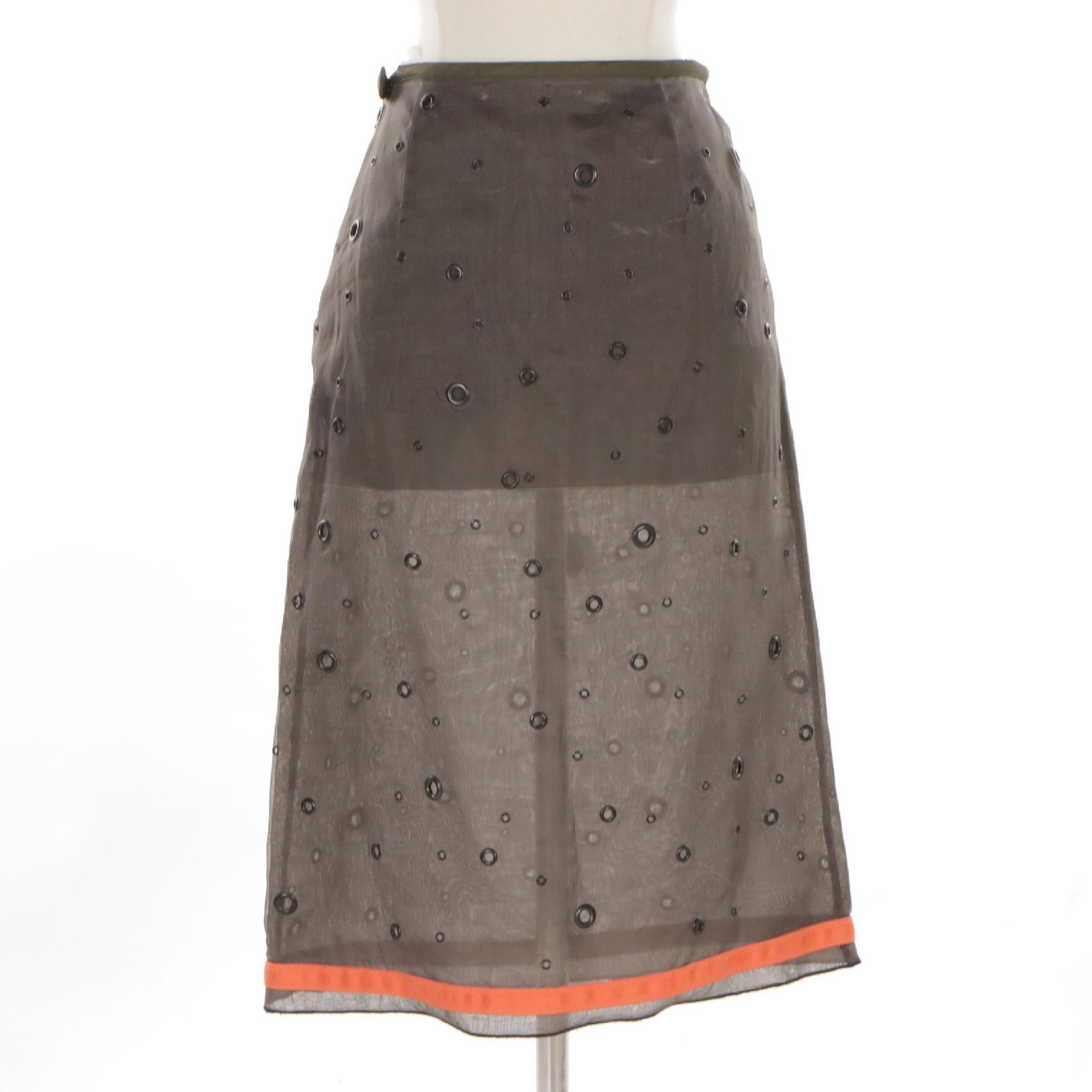 Prada All-Over Eyelet Embellished Grey Silk Knee-Length Skirt