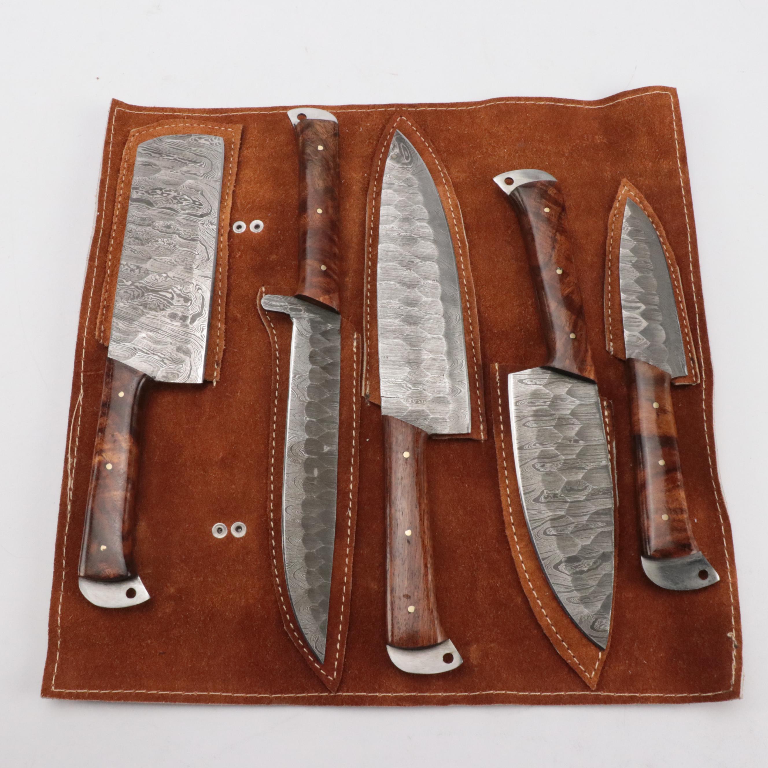 Damascus Steel Bladed Kitchen Knife Set with Wood Handles