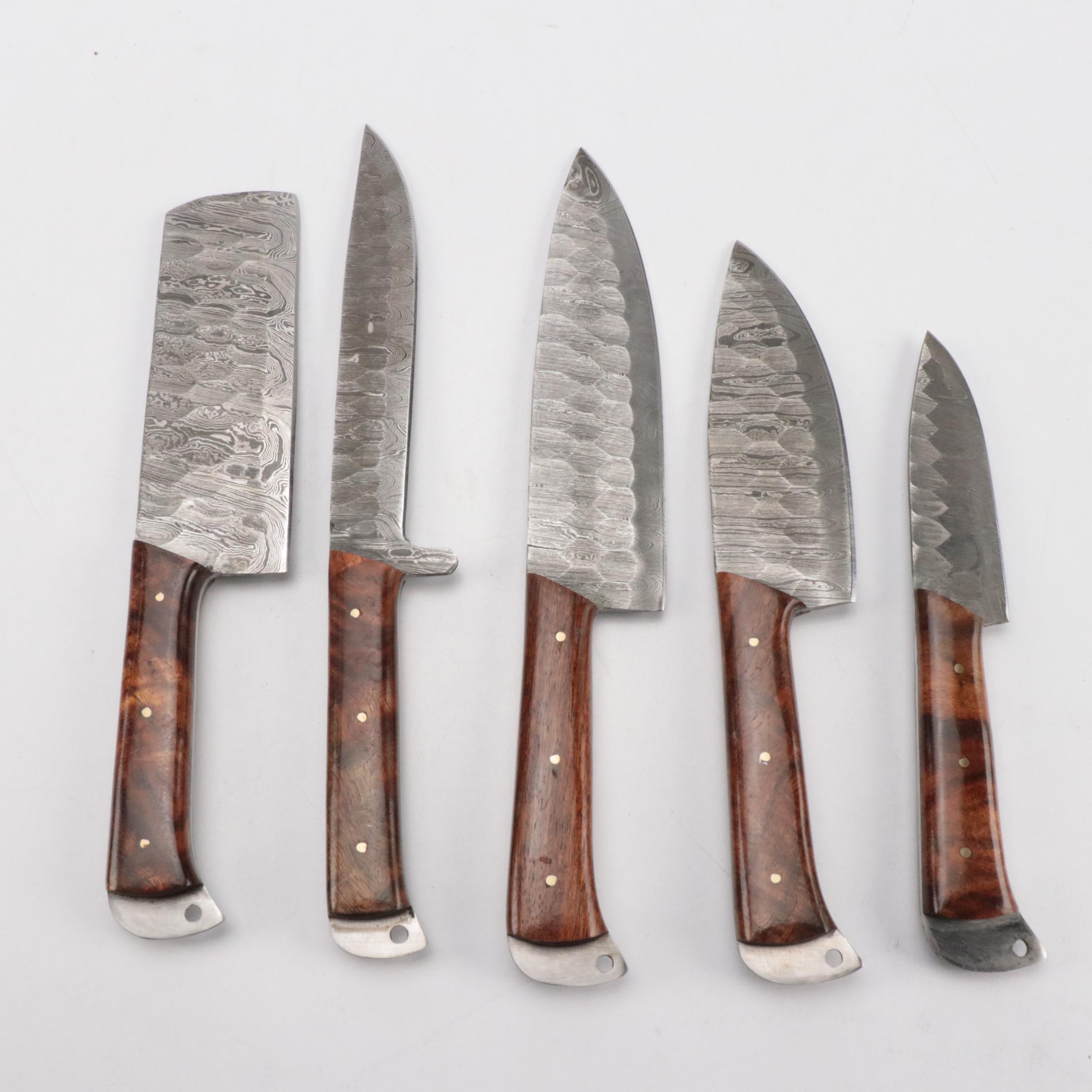 Damascus Steel Bladed Kitchen Knife Set with Wood Handles