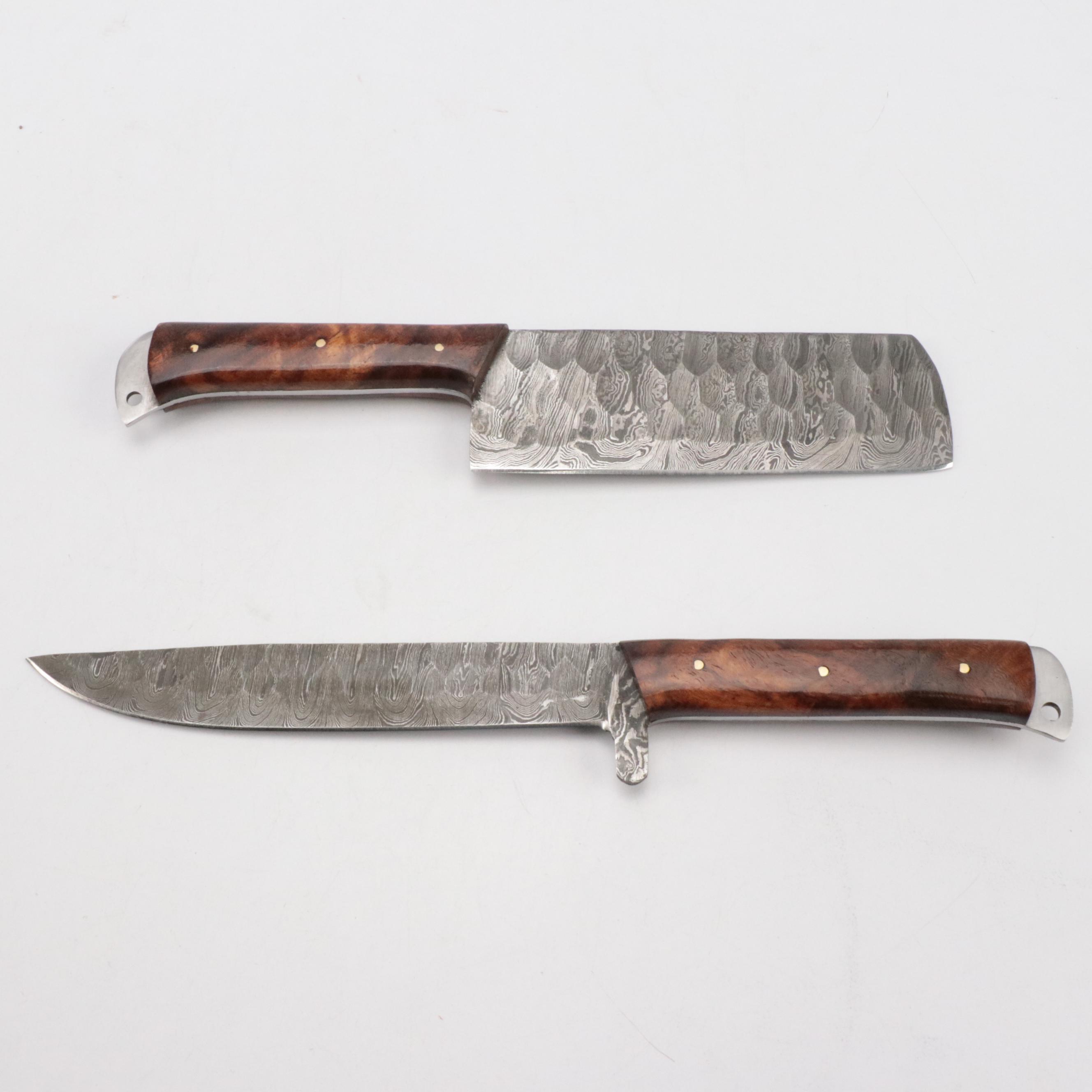 Damascus Steel Bladed Kitchen Knife Set with Wood Handles