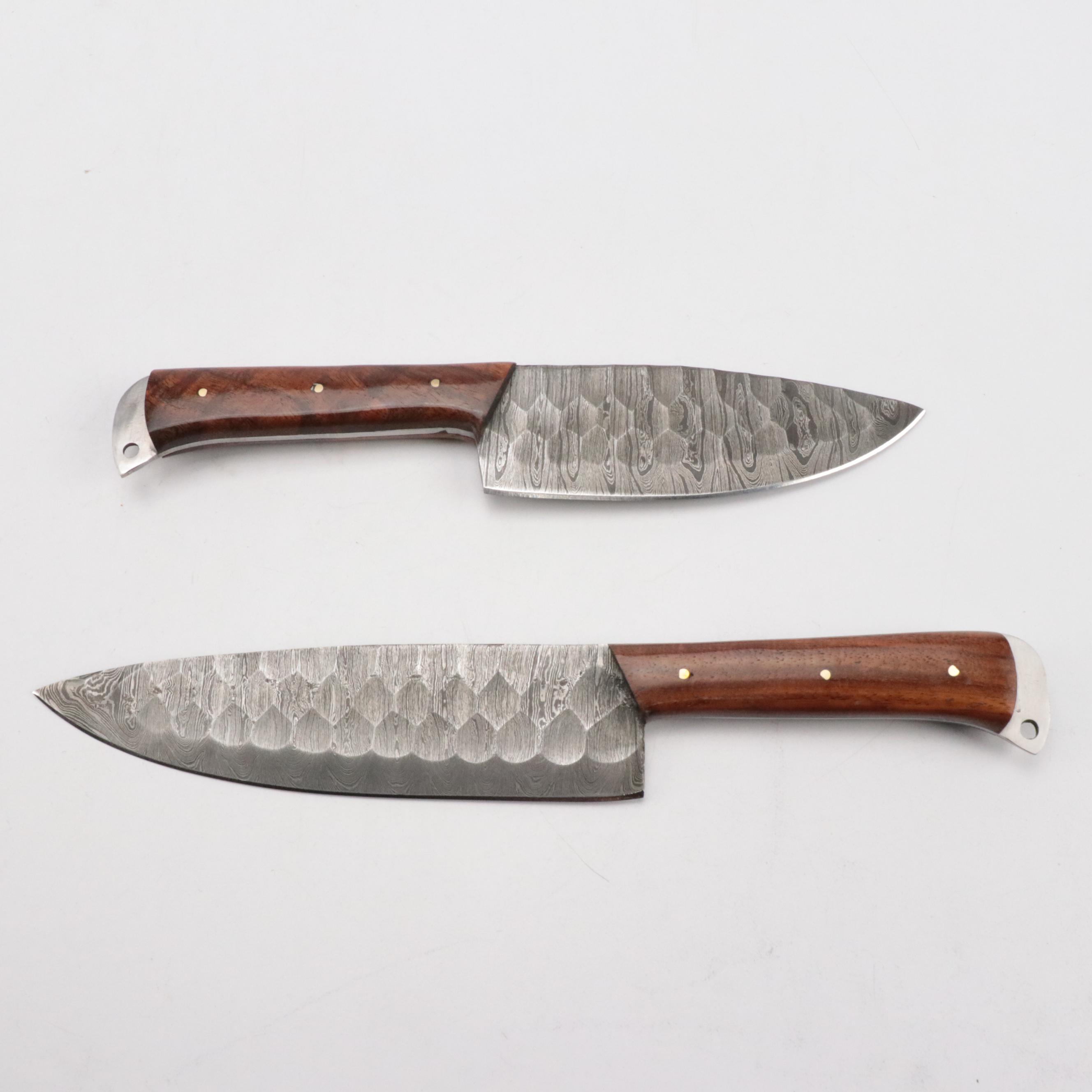 Damascus Steel Bladed Kitchen Knife Set with Wood Handles