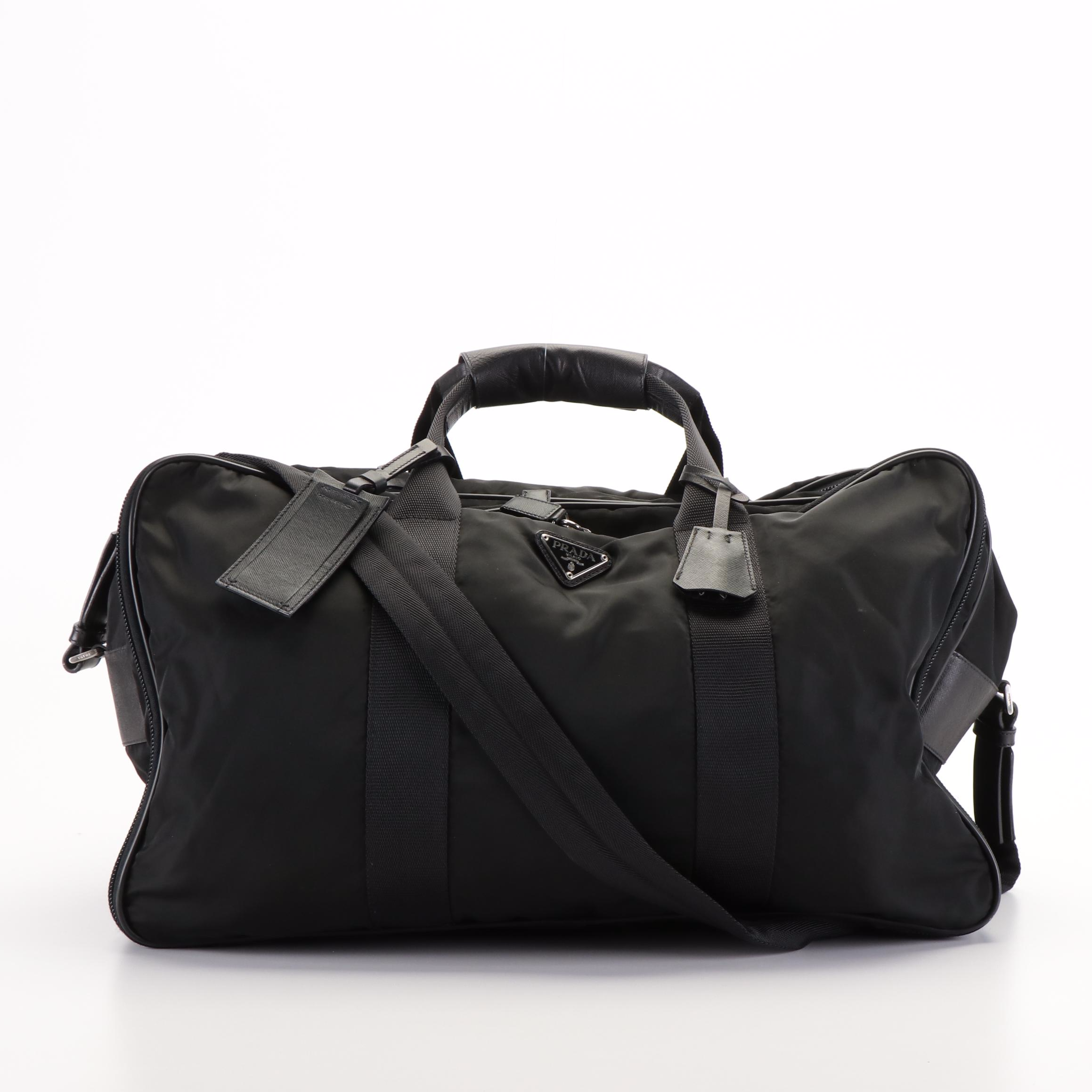 Prada Weekender Duffle Bag in Black Tessuto Nylon and Saffiano Leather
