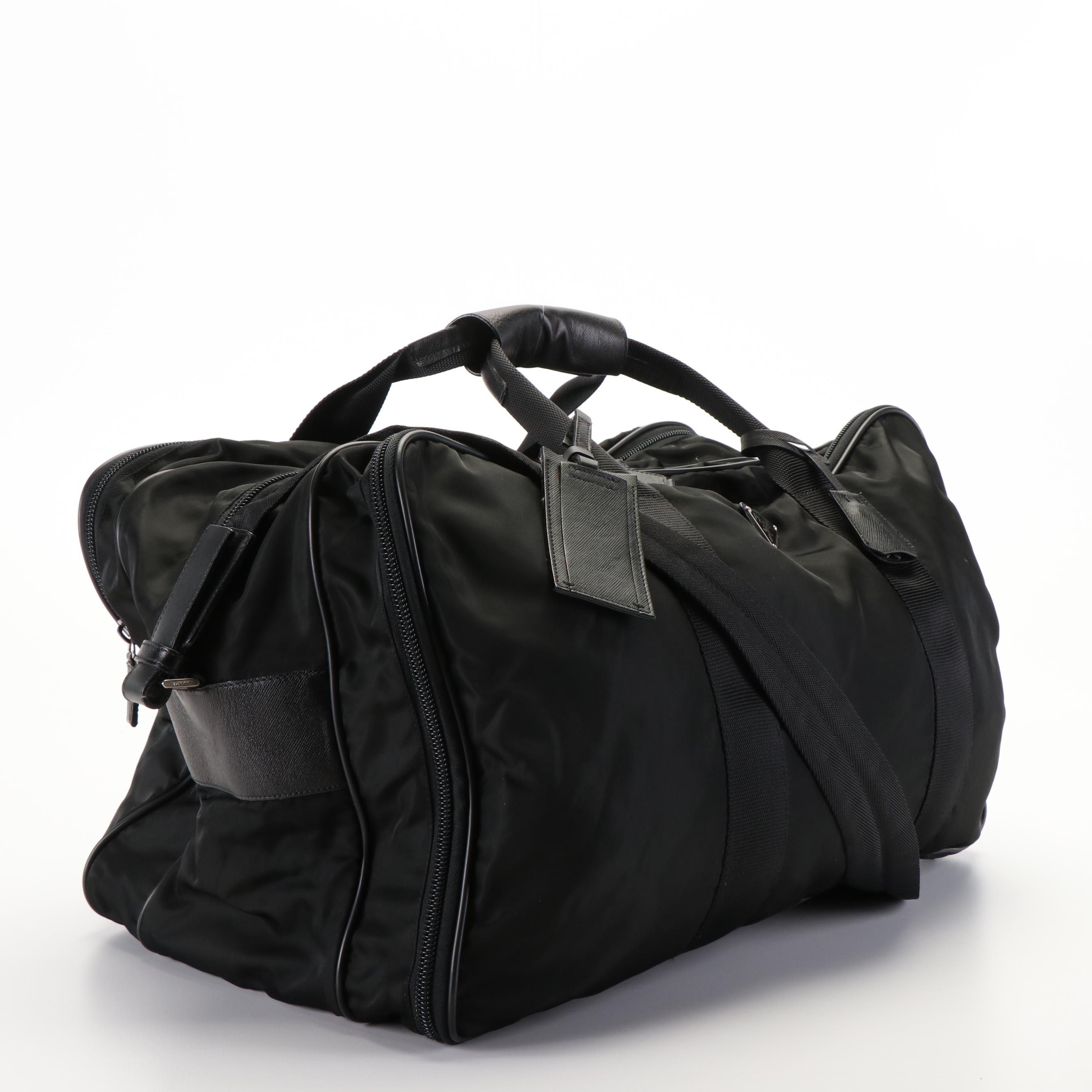 Prada Weekender Duffle Bag in Black Tessuto Nylon and Saffiano Leather