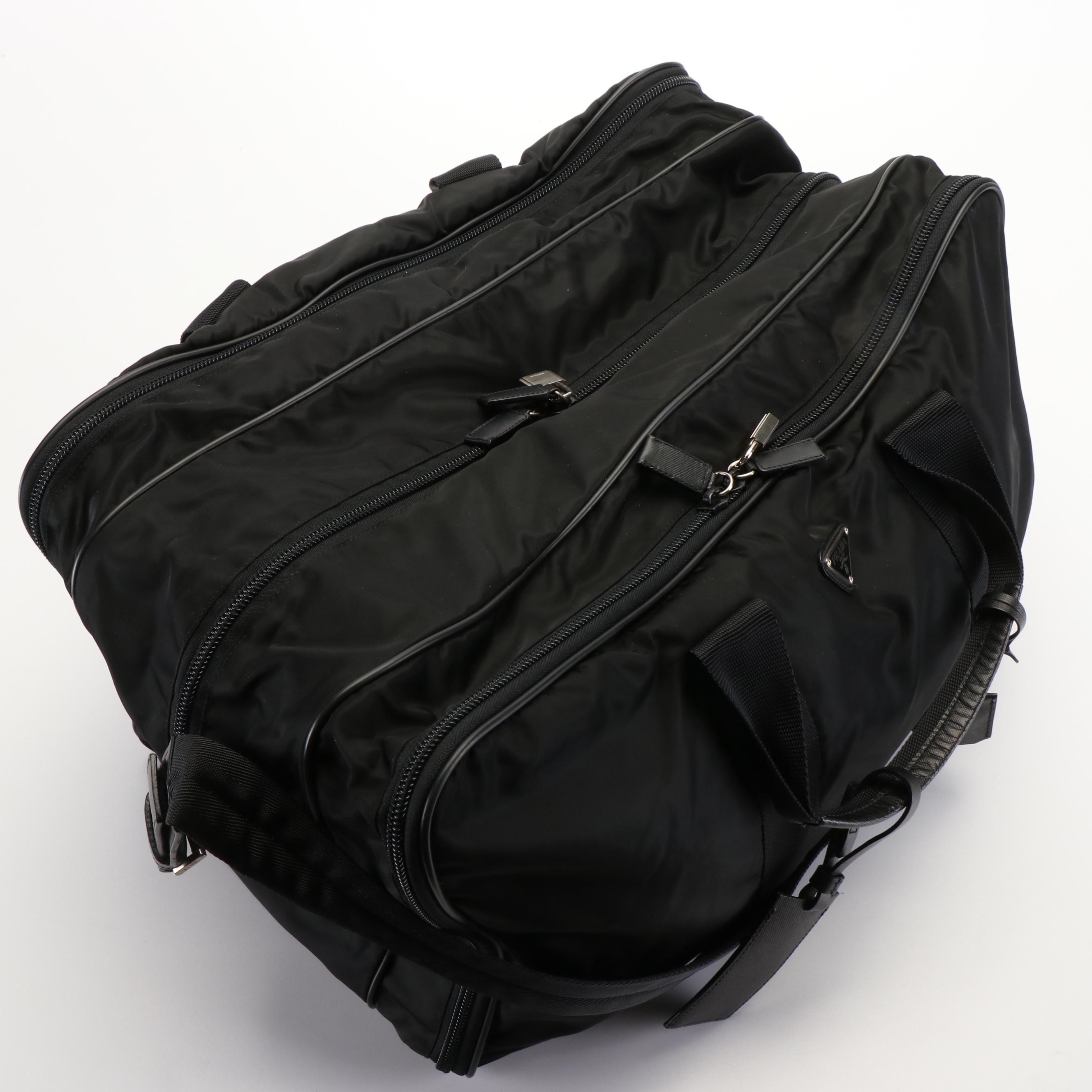 Prada Weekender Duffle Bag in Black Tessuto Nylon and Saffiano Leather