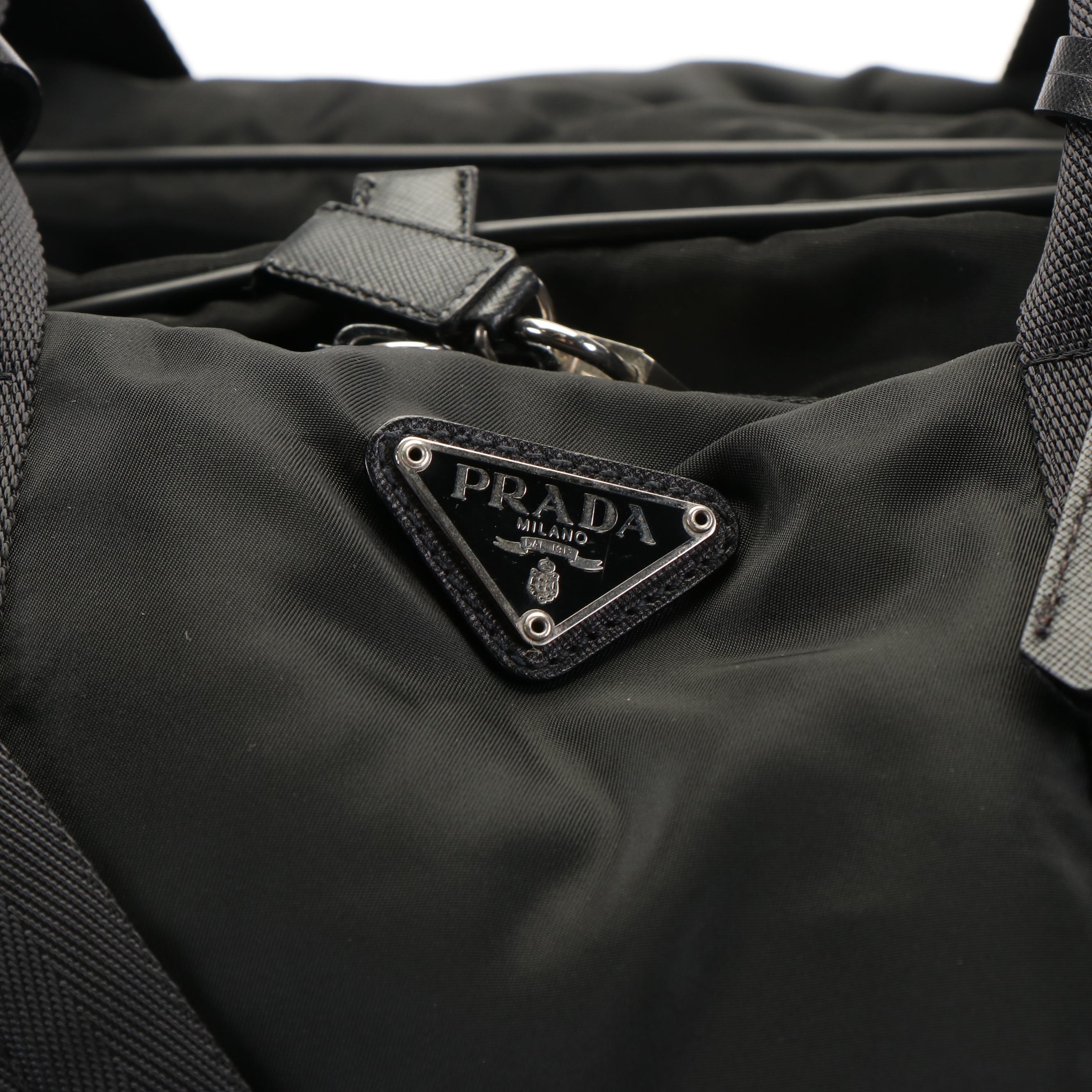 Prada Weekender Duffle Bag in Black Tessuto Nylon and Saffiano Leather