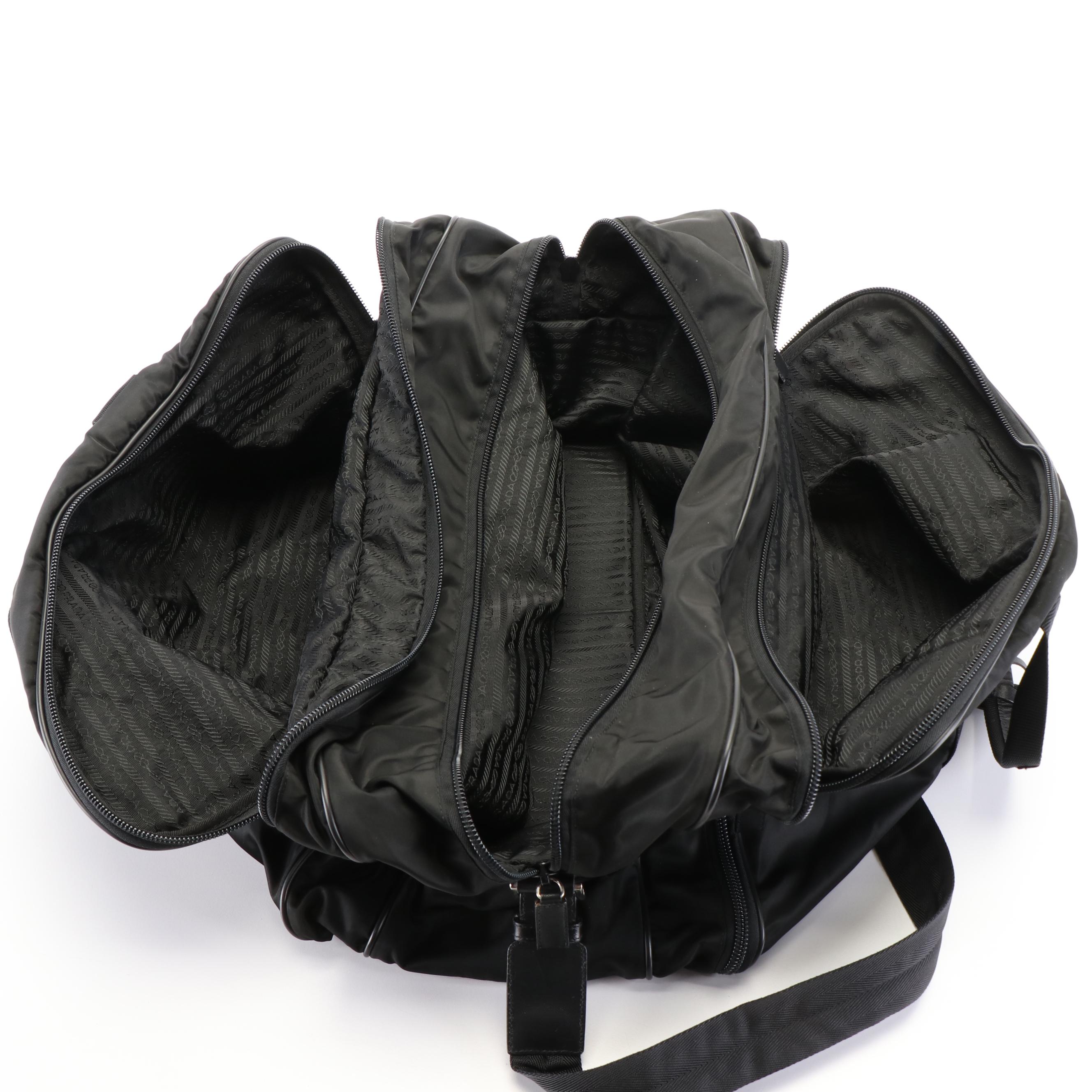 Prada Weekender Duffle Bag in Black Tessuto Nylon and Saffiano Leather