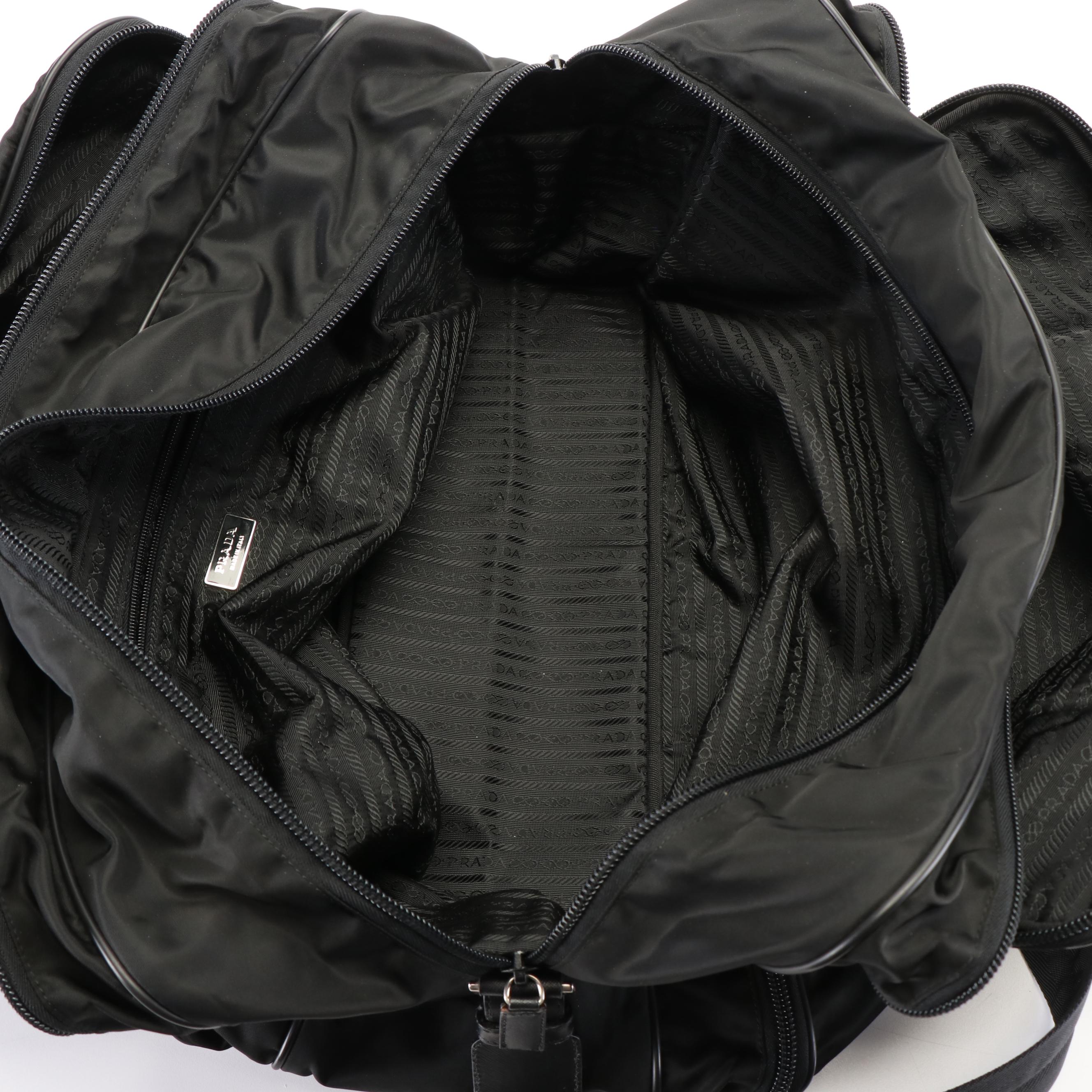 Prada Weekender Duffle Bag in Black Tessuto Nylon and Saffiano Leather
