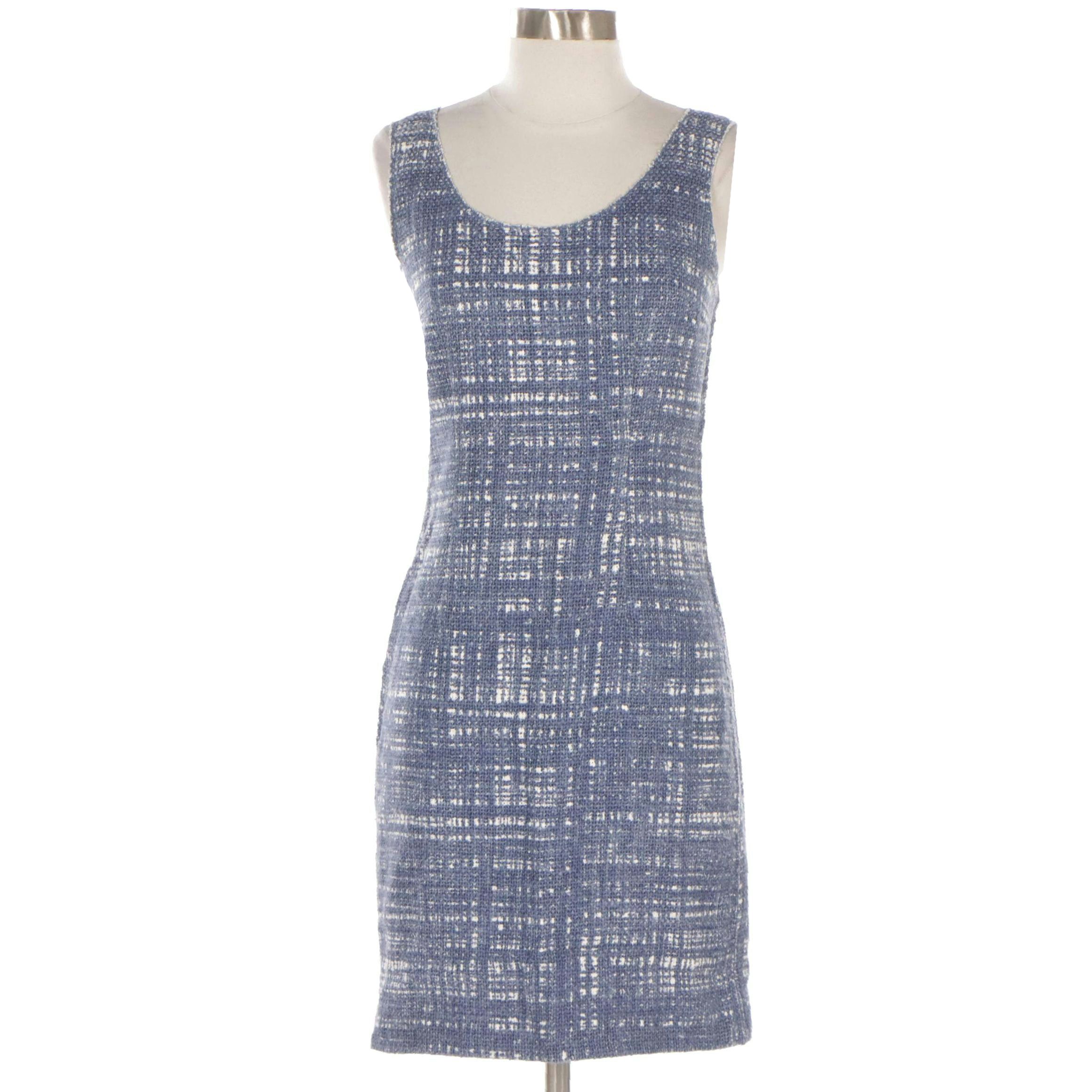 Prada Cotton Blend Tweed Sleeveless Dress in Chambray Blue/White