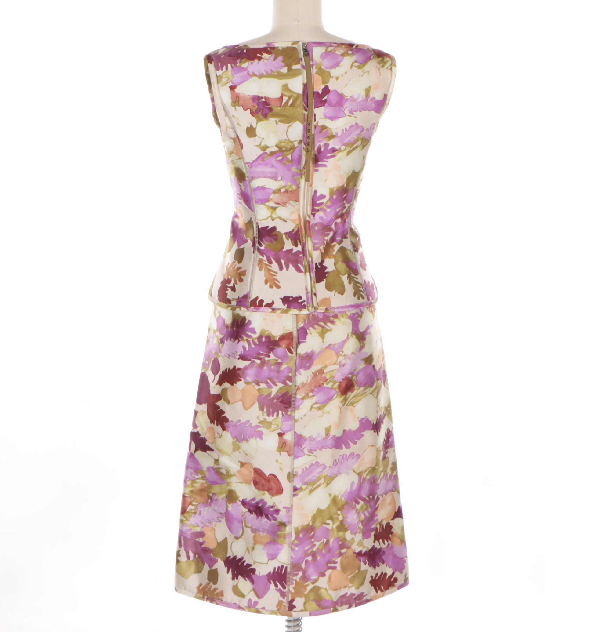 Prada Leaf Motif Polyester/Wool Midi Skirt and Top Set, 1999