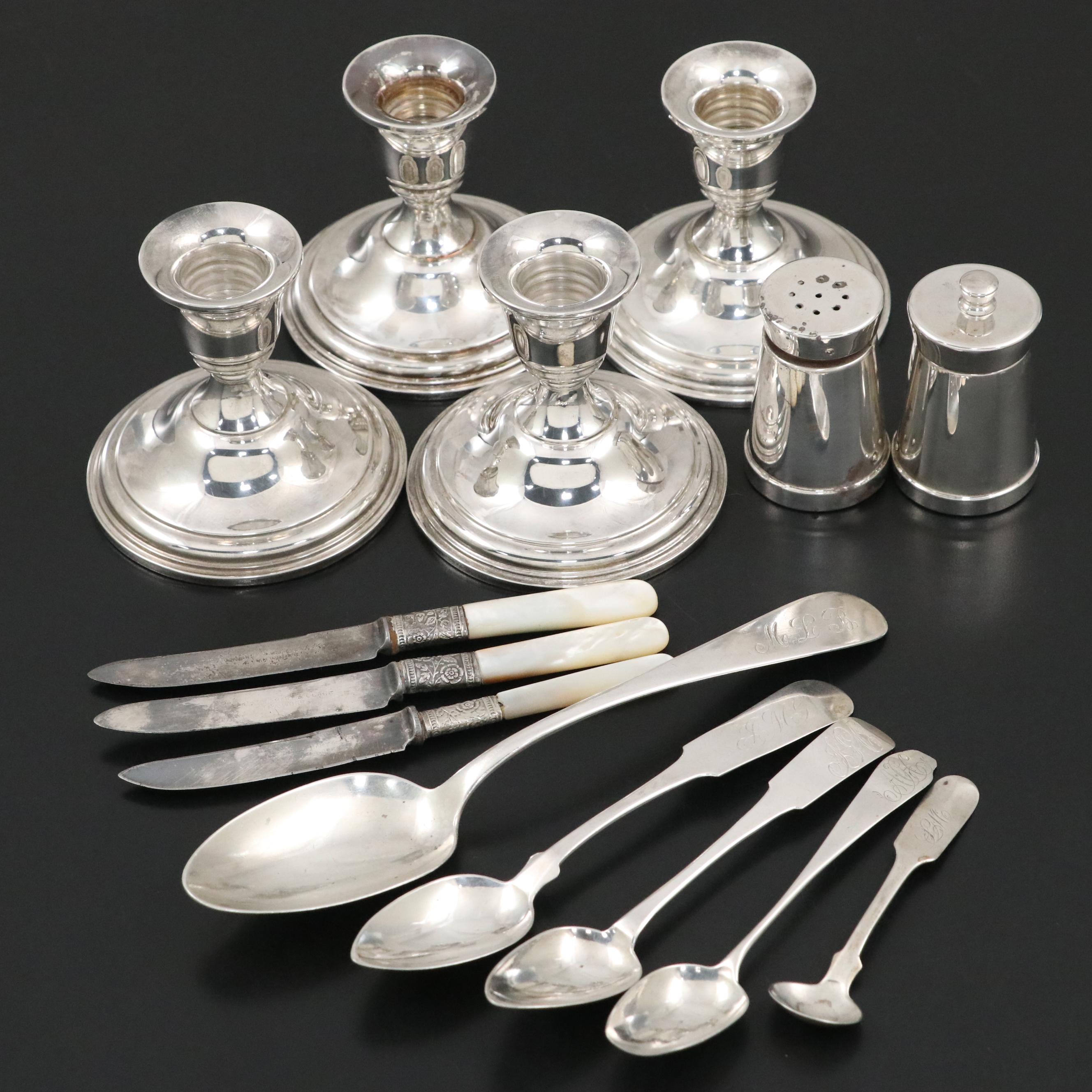 Sterling Silver Candle Holders, Shakers, Spoon with Other Coin Silver Spoons