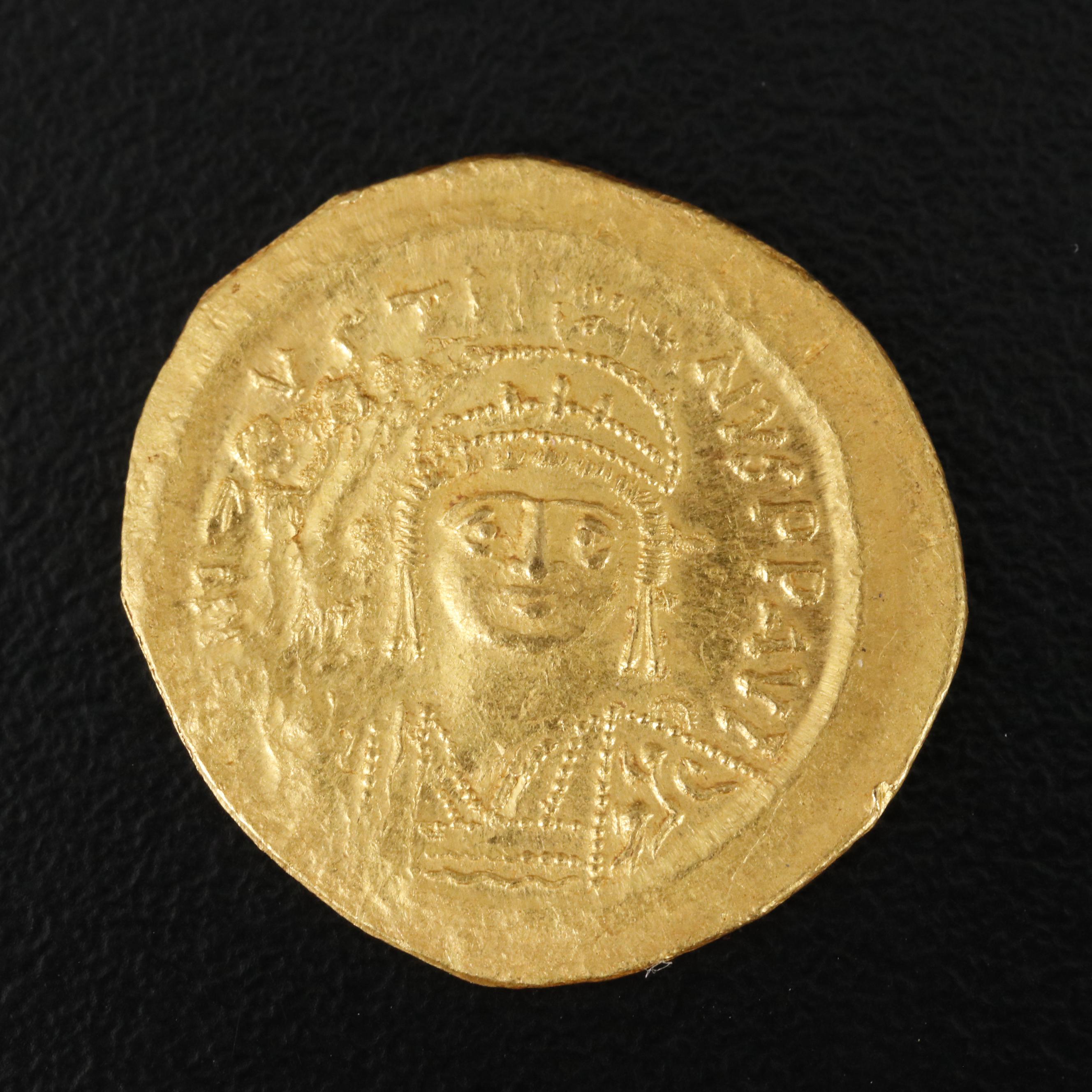 Ancient Byzantine Gold Solidus Coin of Justin II, ca. 565 A.D.