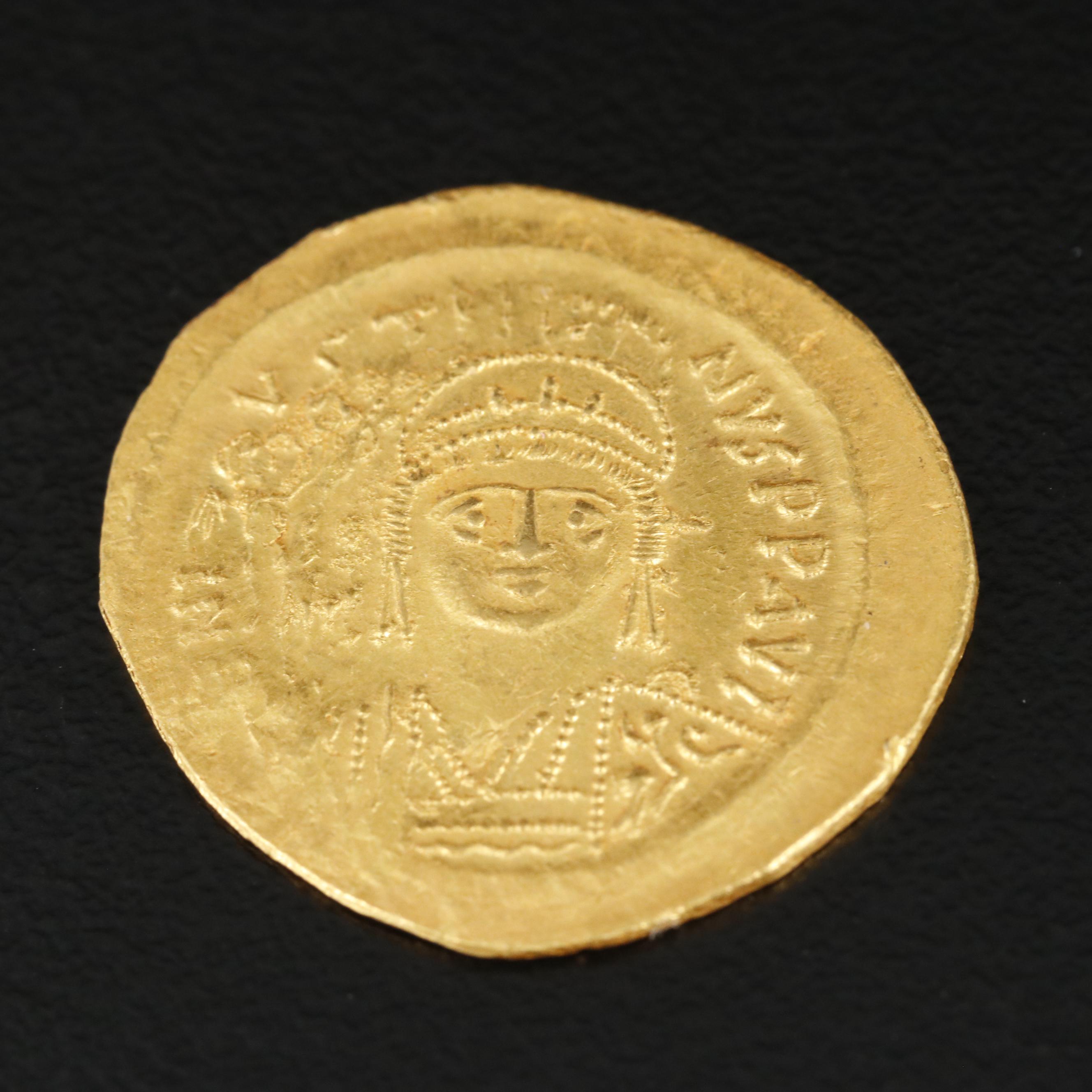 Ancient Byzantine Gold Solidus Coin of Justin II, ca. 565 A.D.