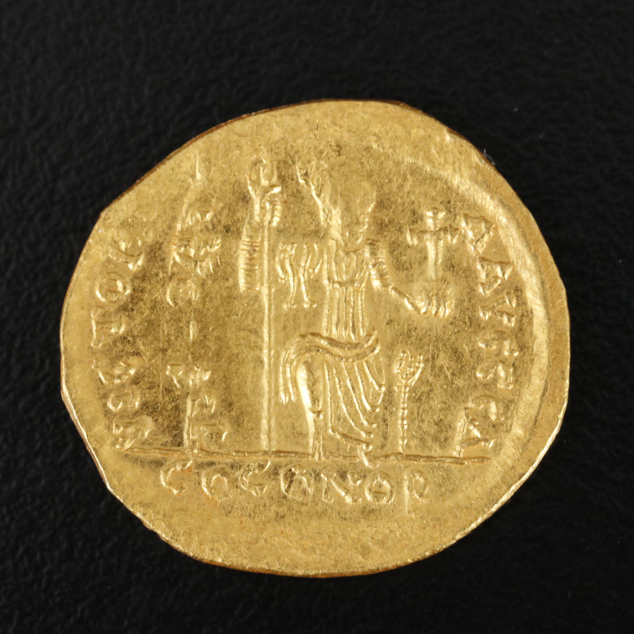 Ancient Byzantine Gold Solidus Coin of Justin II, ca. 565 A.D.