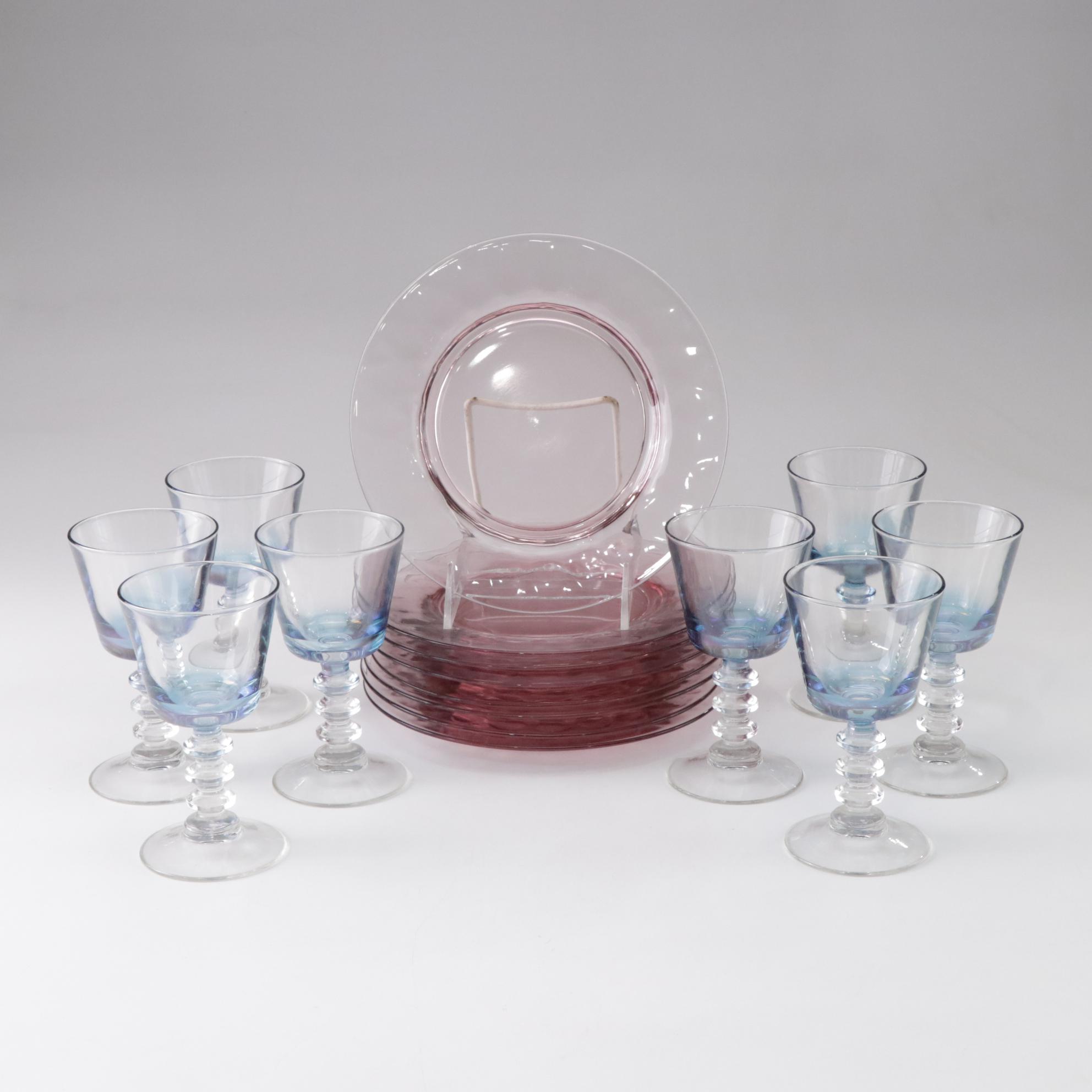 Blue Iridescent Wine Glasses with Pink Glass Luncheon Plates