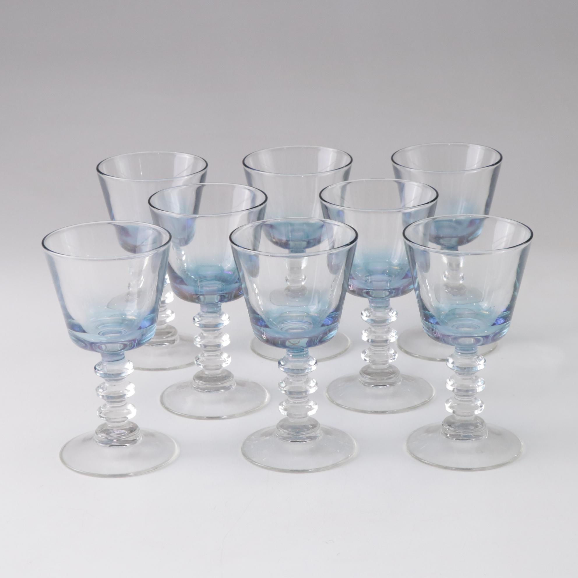 Blue Iridescent Wine Glasses with Pink Glass Luncheon Plates