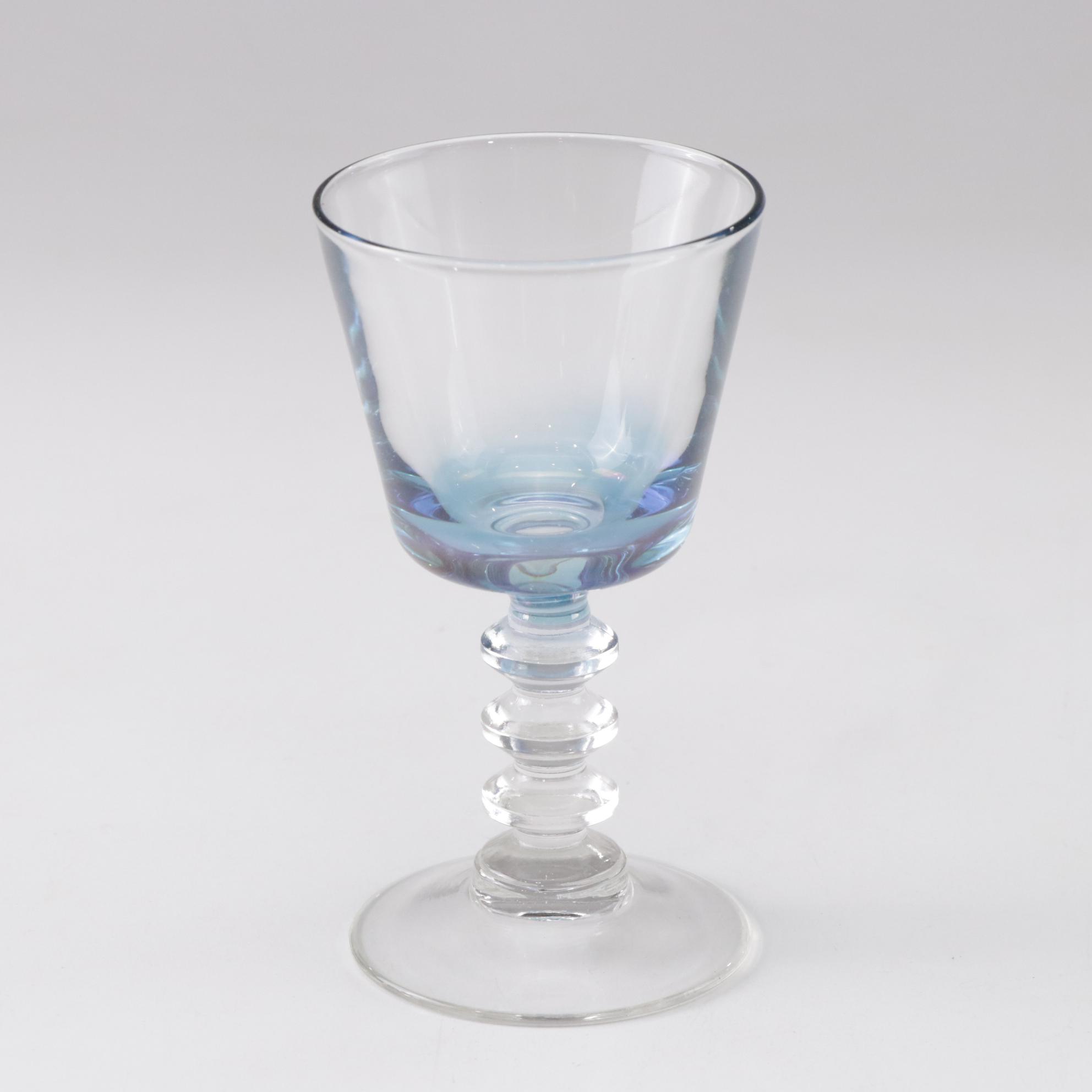 Blue Iridescent Wine Glasses with Pink Glass Luncheon Plates