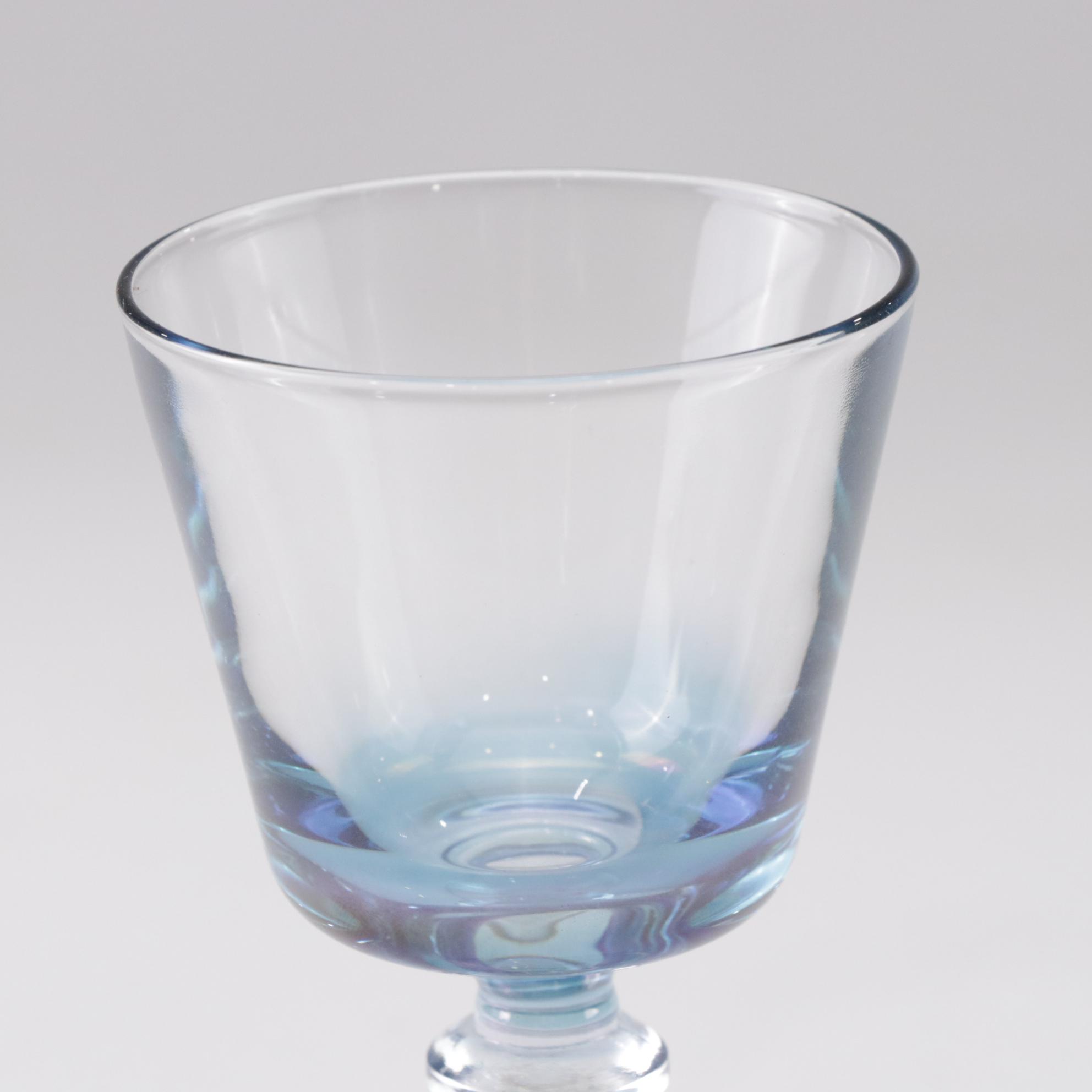 Blue Iridescent Wine Glasses with Pink Glass Luncheon Plates
