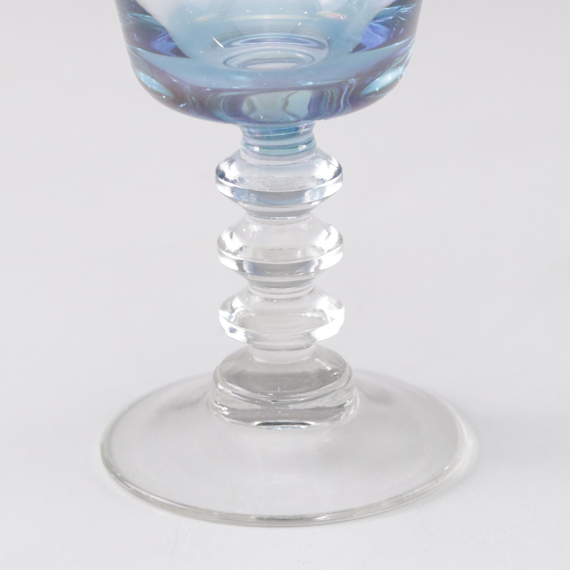 Blue Iridescent Wine Glasses with Pink Glass Luncheon Plates EBTH