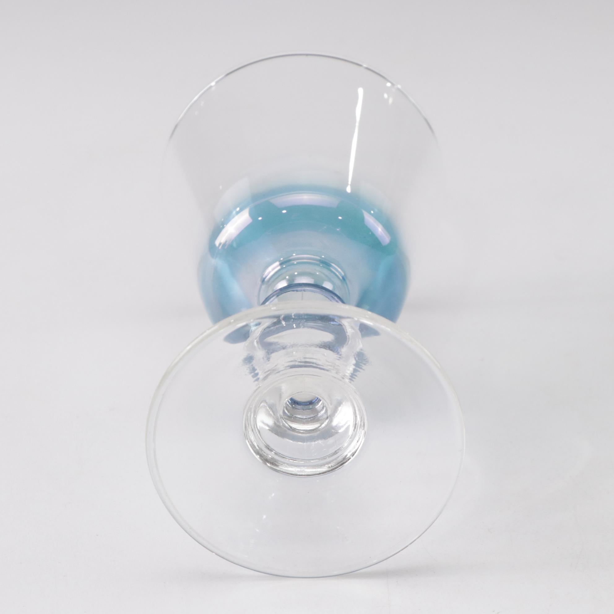 Blue Iridescent Wine Glasses with Pink Glass Luncheon Plates