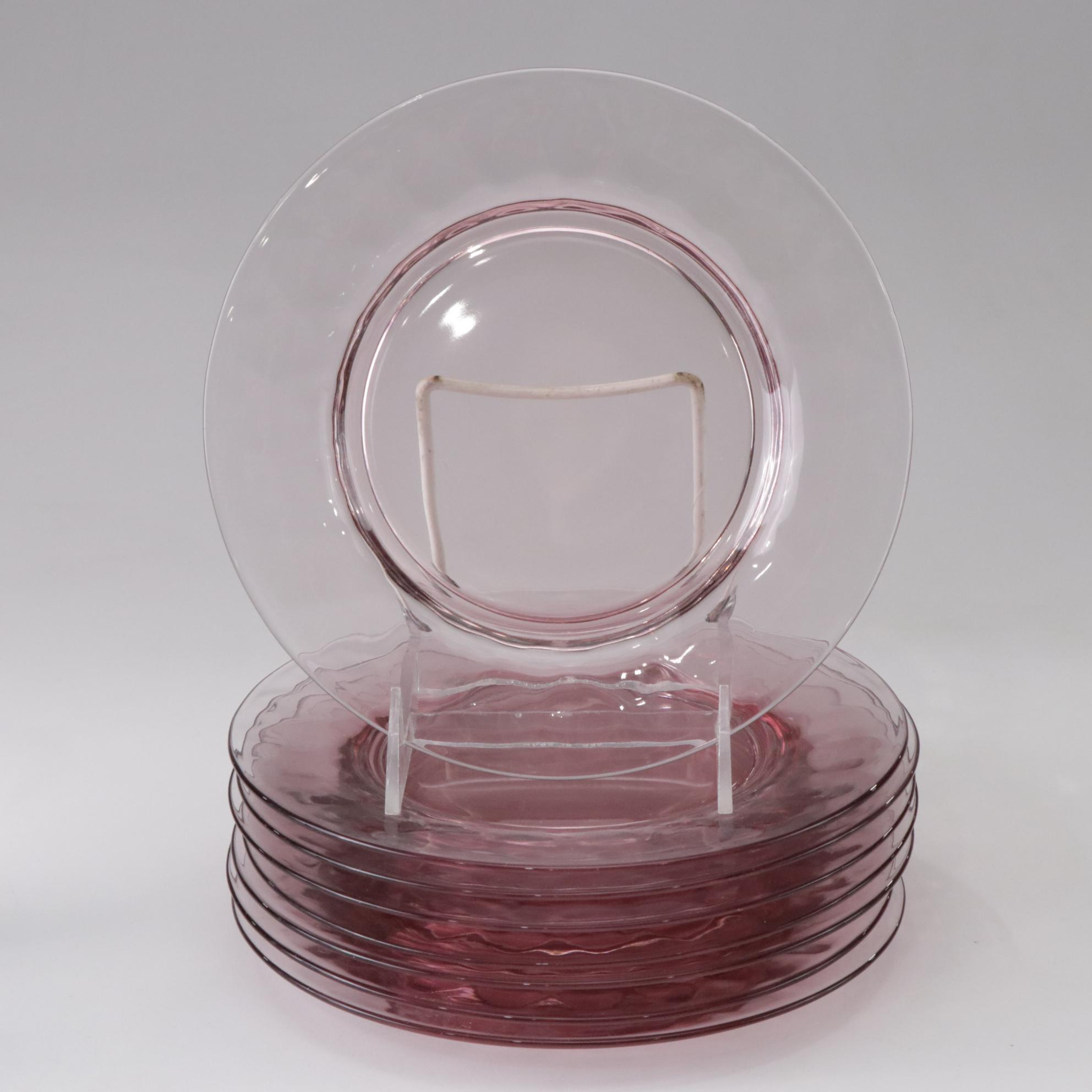 Blue Iridescent Wine Glasses with Pink Glass Luncheon Plates