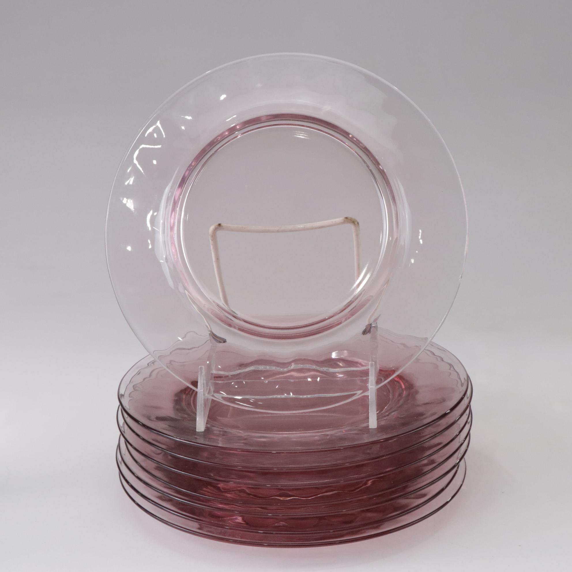 Blue Iridescent Wine Glasses with Pink Glass Luncheon Plates