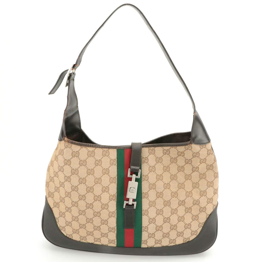 Gucci Jackie-O Sherry Line Hobo Shoulder Bag in GG Canvas and Dark Brown Leather