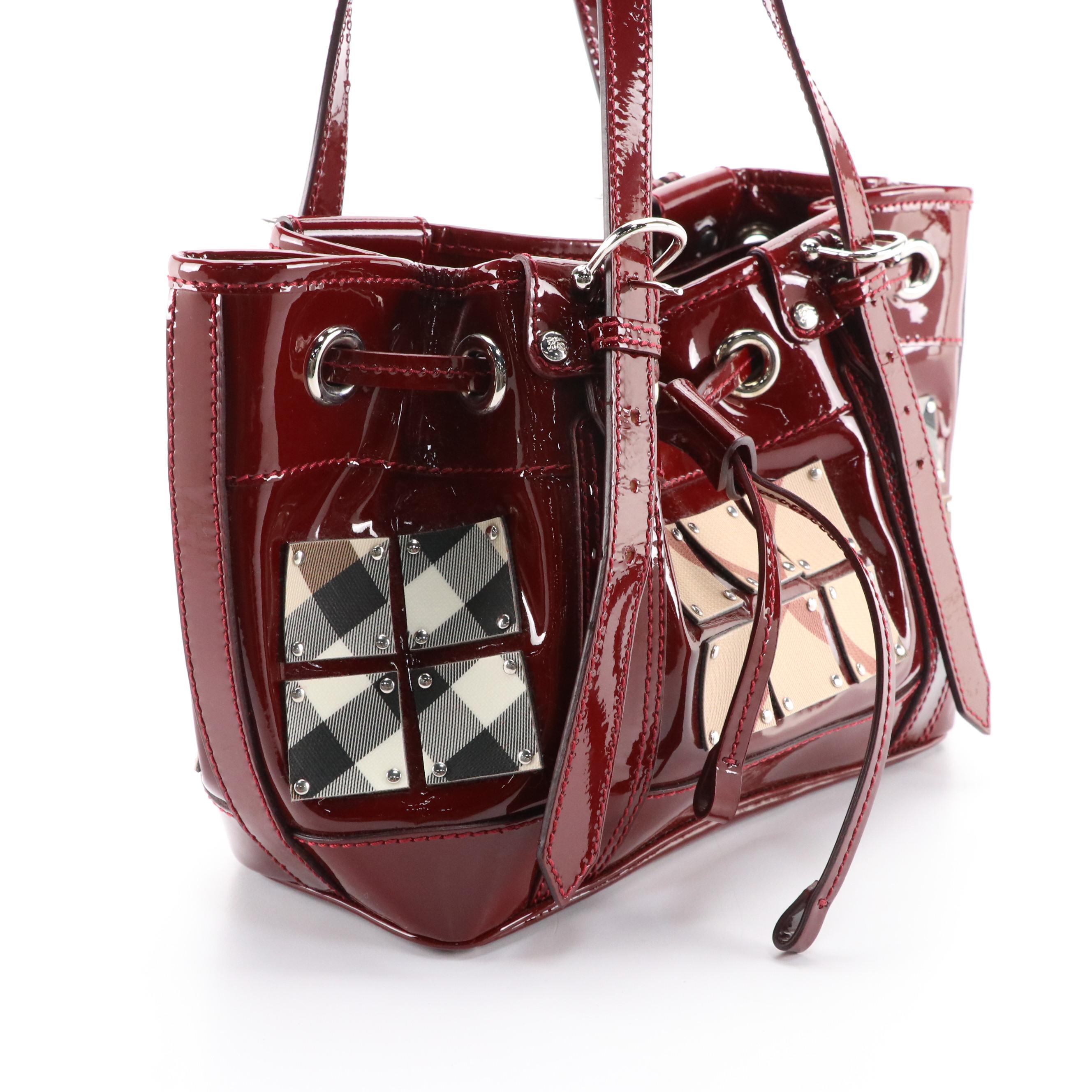 Burberry Shoulder Bag in Supernova Check Studded Canvas and Red Patent Leather