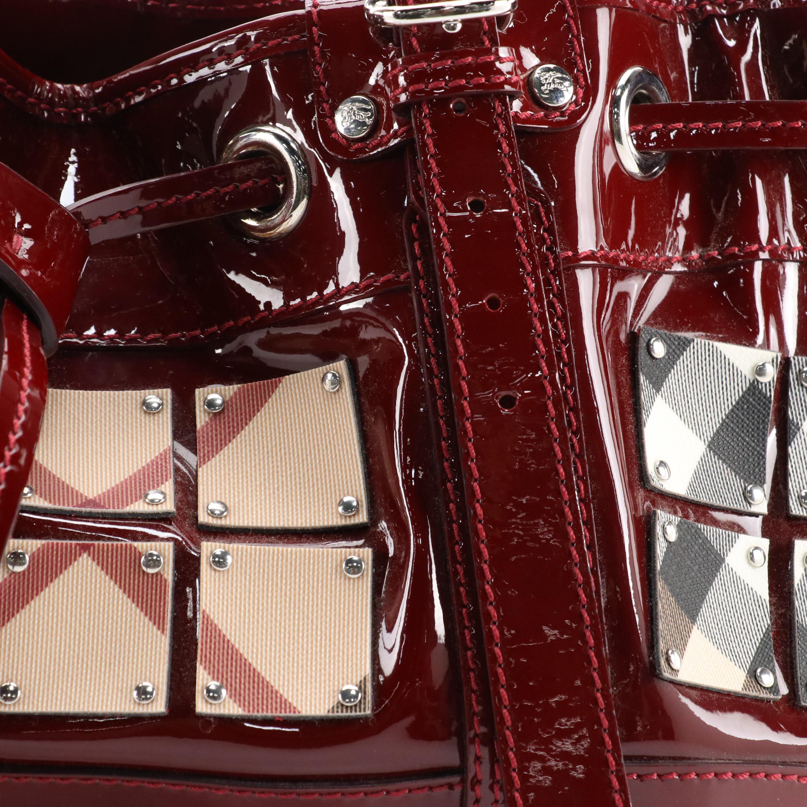 Burberry Shoulder Bag in Supernova Check Studded Canvas and Red Patent Leather