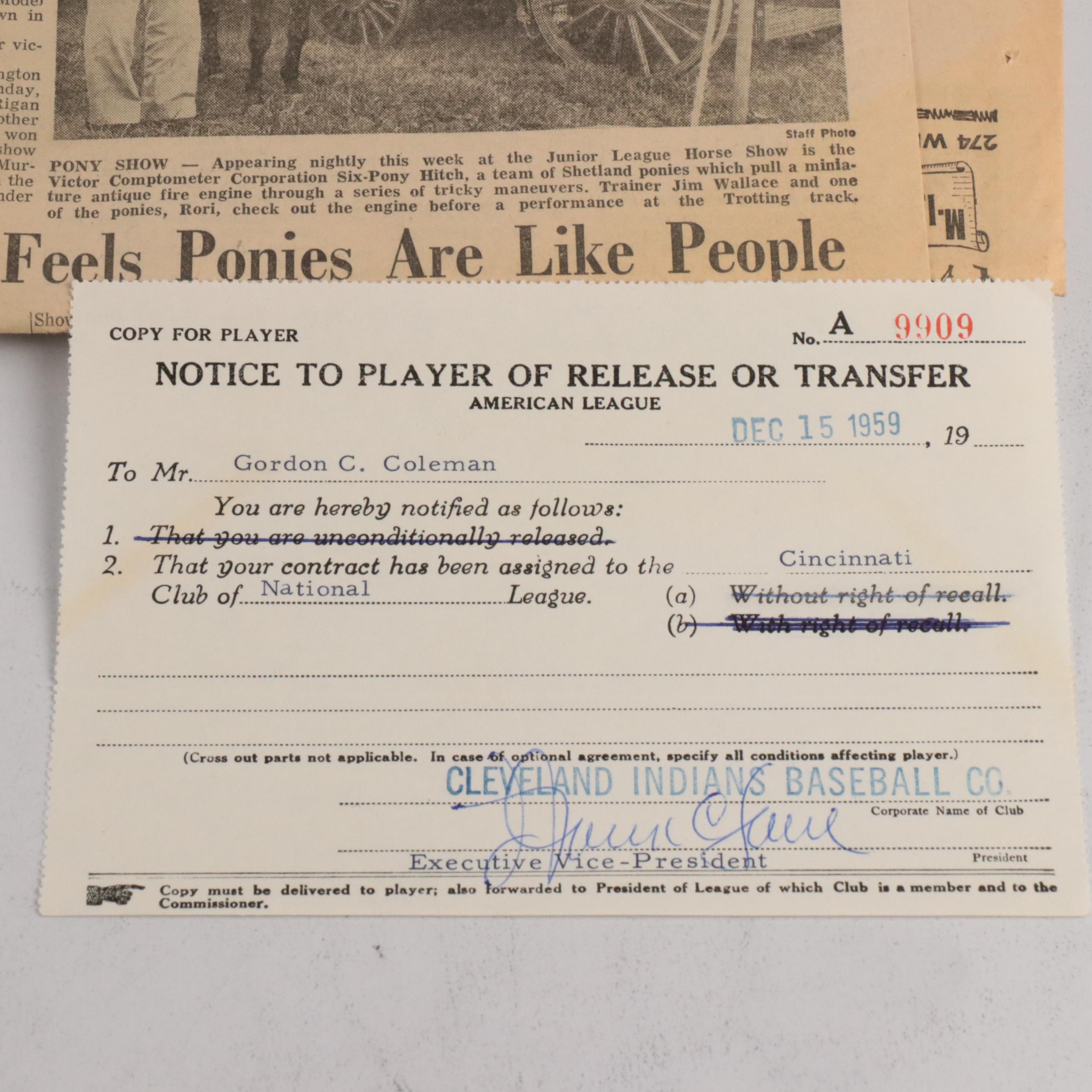 Gordy Coleman Cleveland Indians Trade Notice Signed by Frank Lane with More