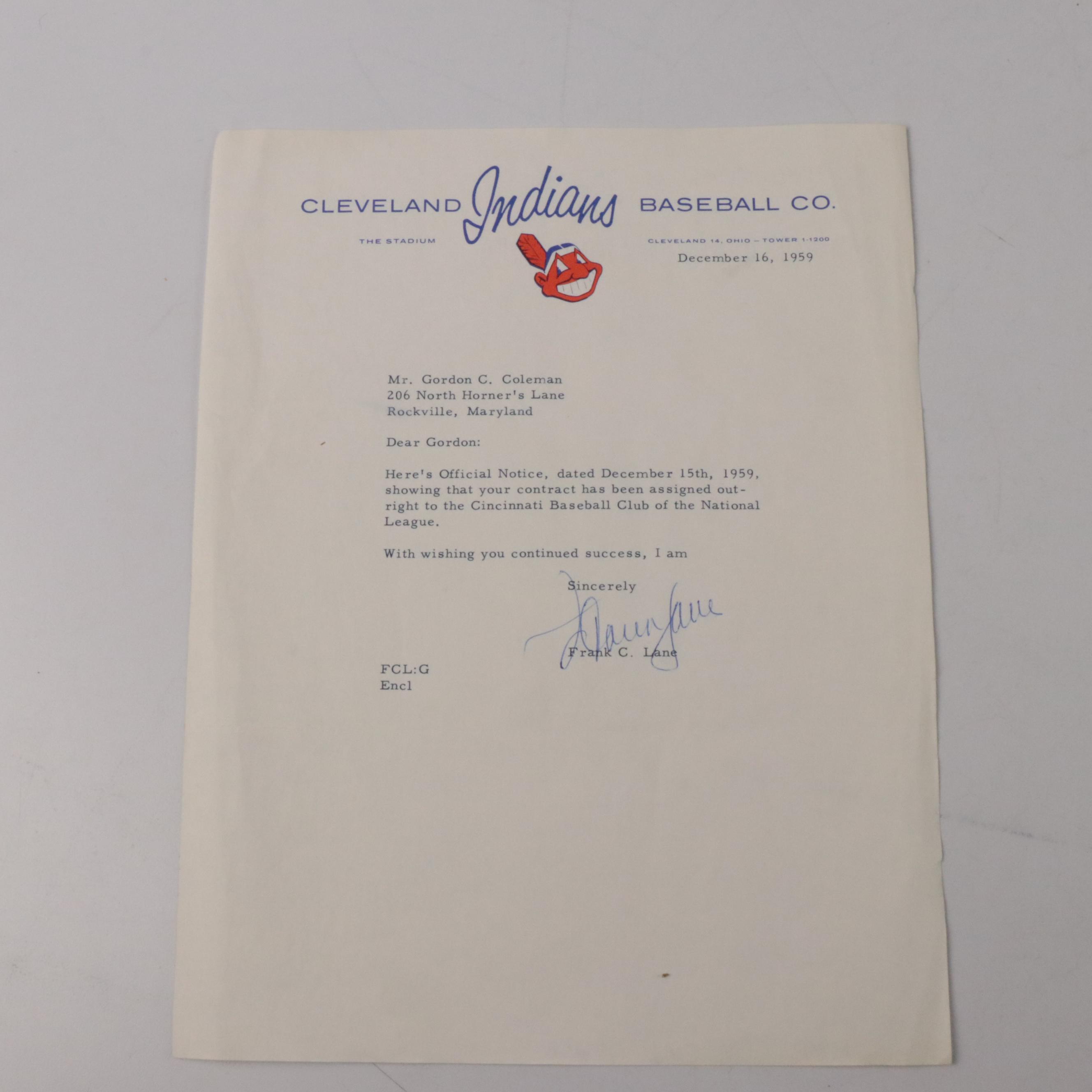 Gordy Coleman Cleveland Indians Trade Notice Signed by Frank Lane with More