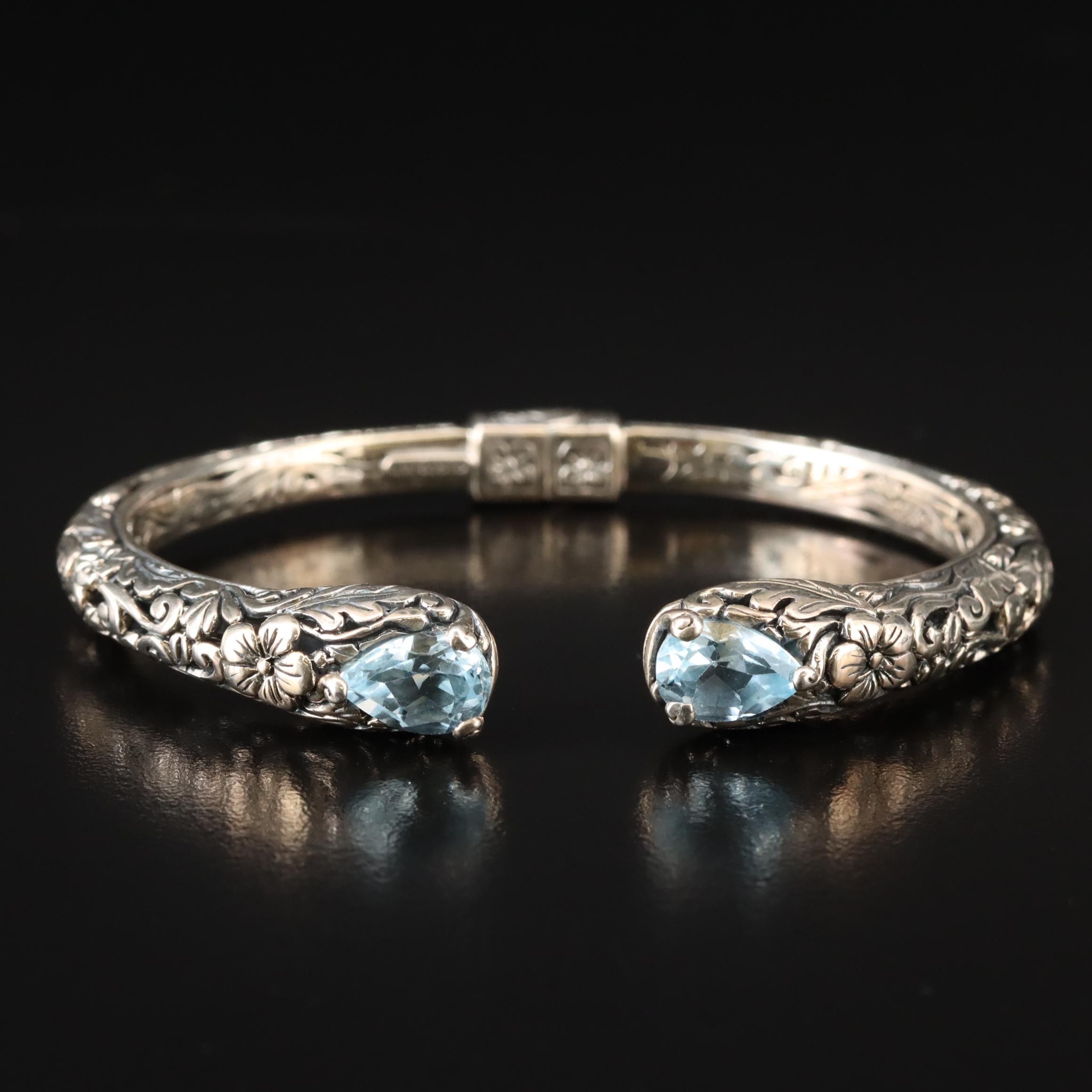 Sterling Sky Blue Topaz Hinged Floral Cuff Bracelet