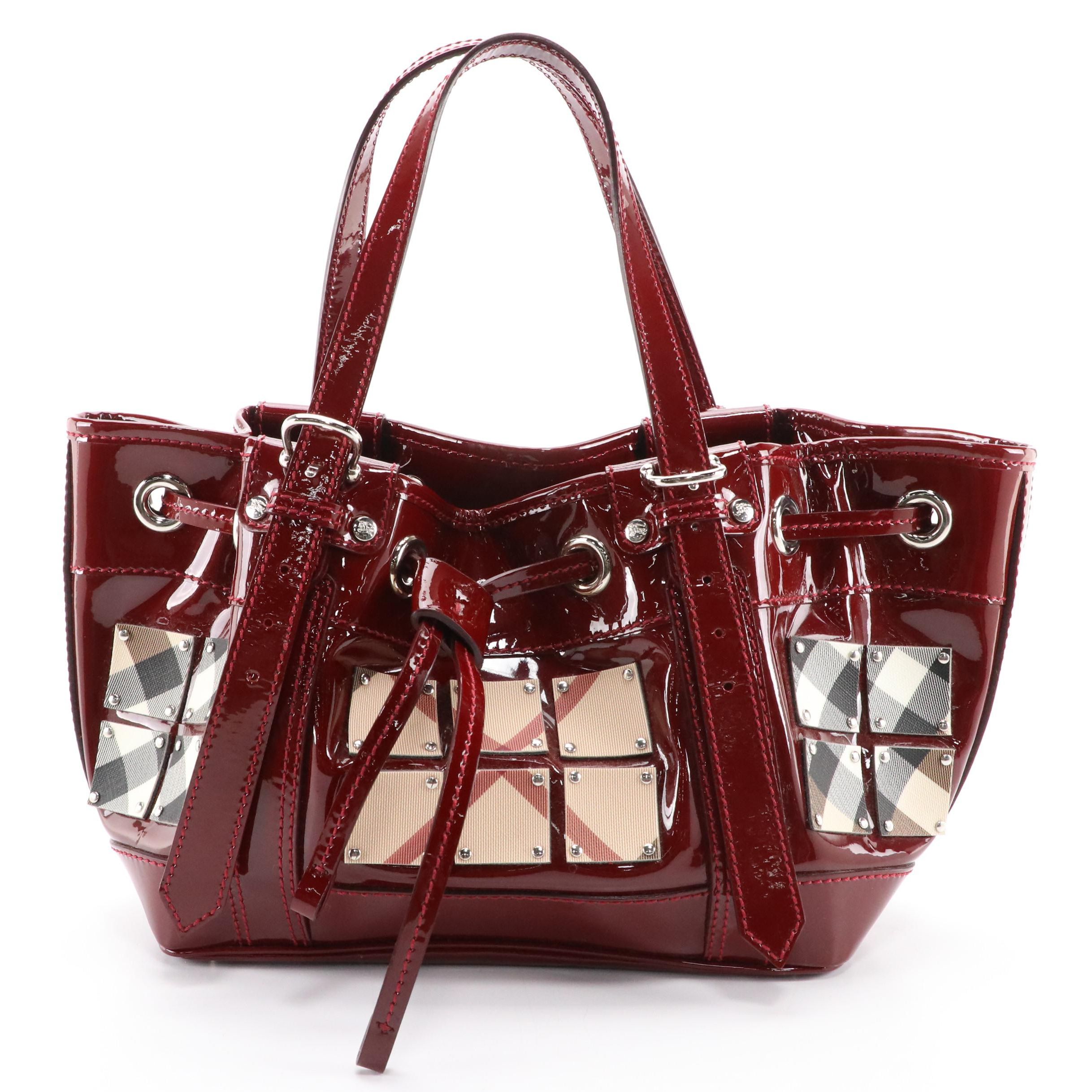 Burberry Shoulder Bag in Supernova Check Studded Canvas and Red Patent Leather