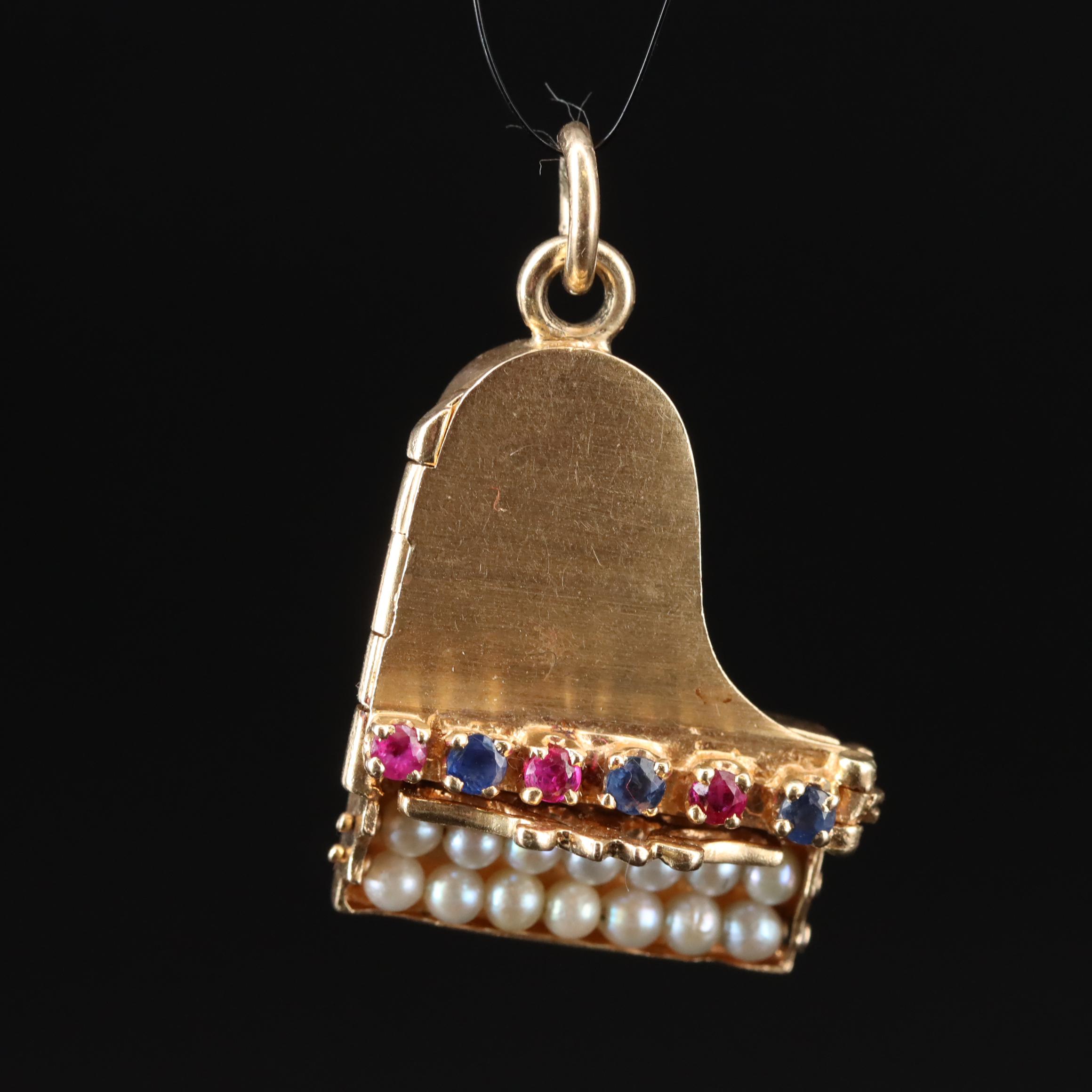 14K Pearl, Sapphire, and Ruby Articulated Piano Pendant