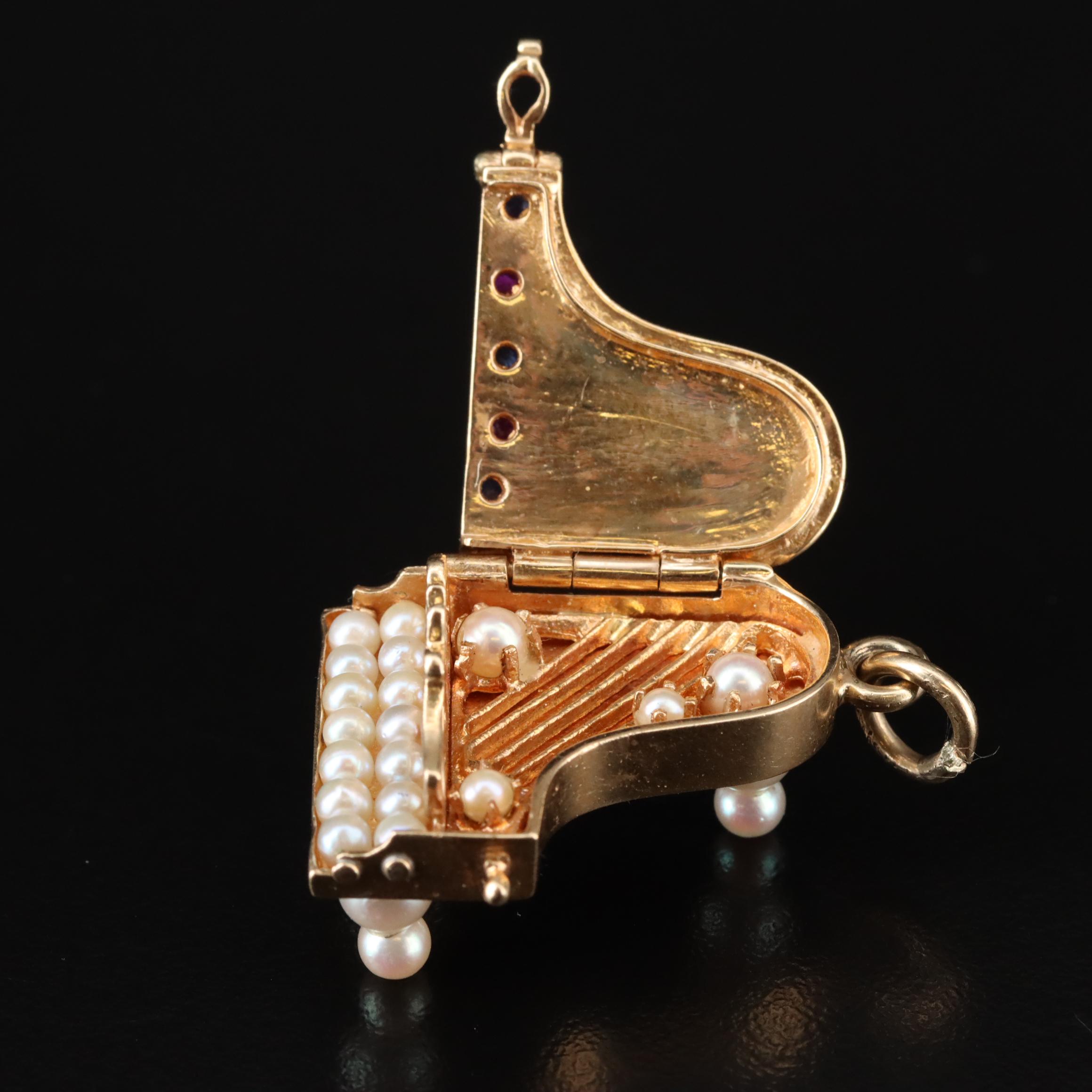 14K Pearl, Sapphire, and Ruby Articulated Piano Pendant