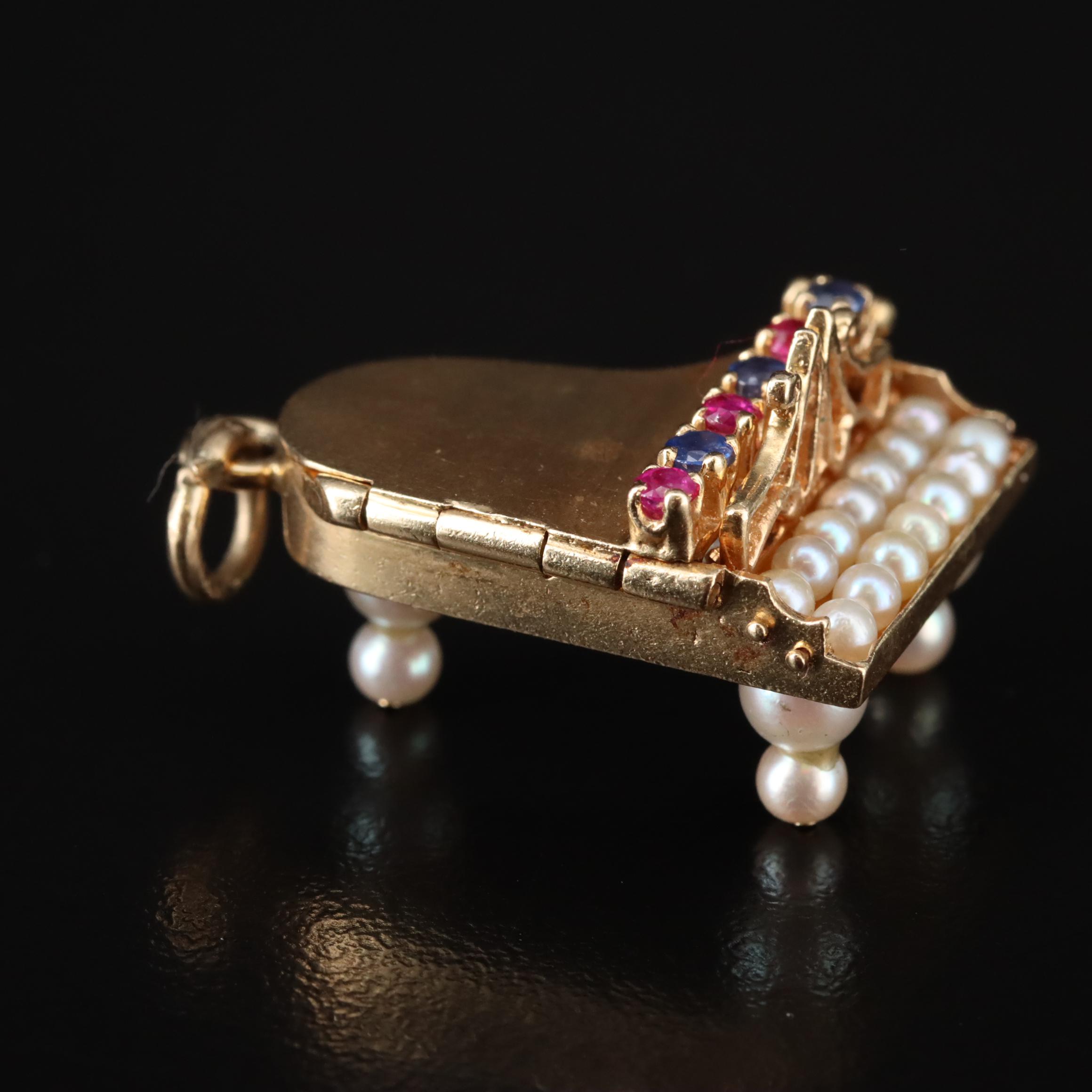 14K Pearl, Sapphire, and Ruby Articulated Piano Pendant