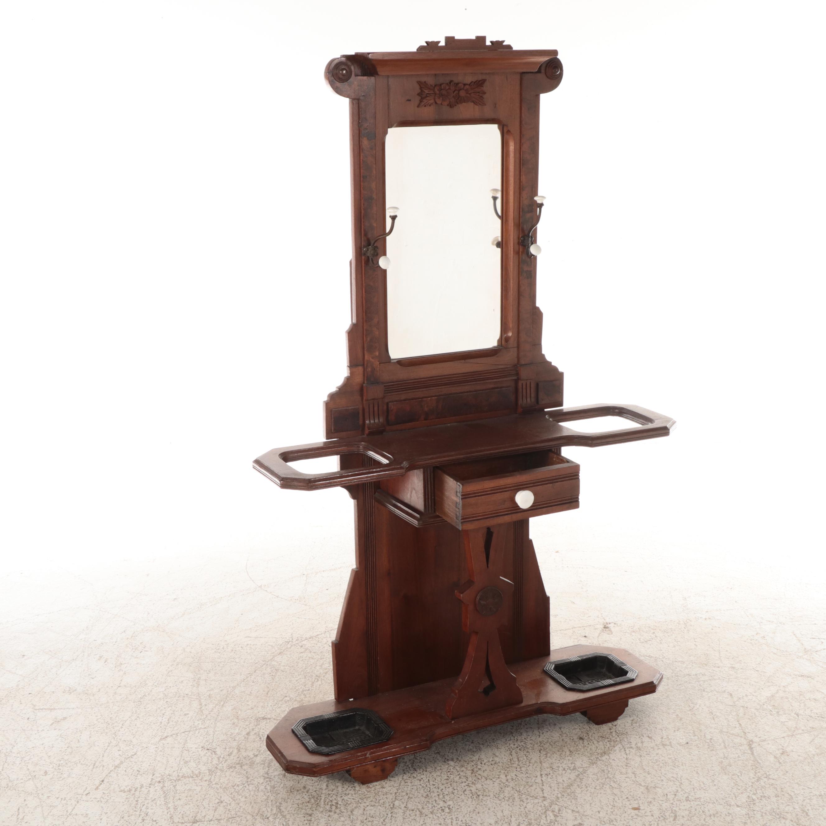 Victorian Eastlake Style Walnut and Burl Hall Tree