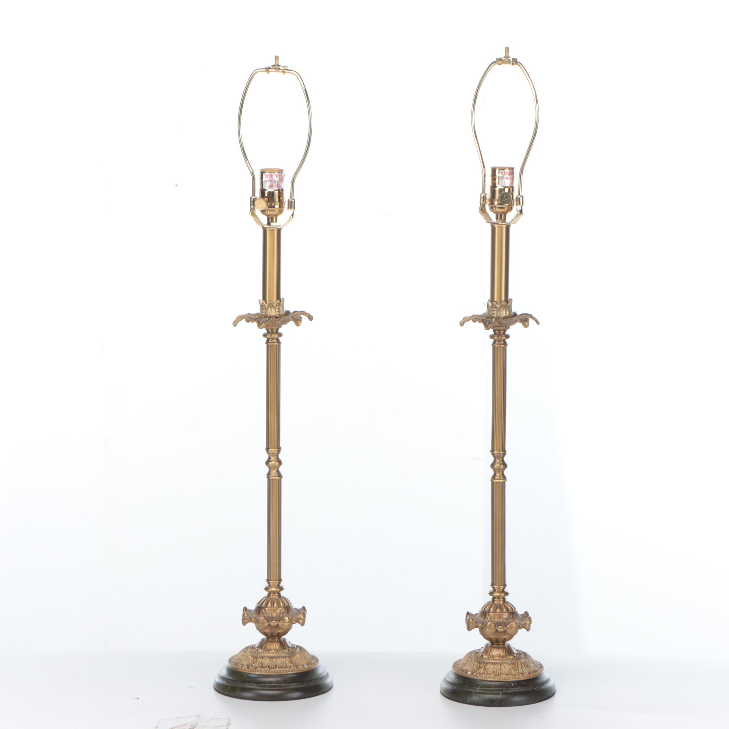 Pair of Chelsea House Gilt Metal Console Lamps with Custom Gold Fabric Shades