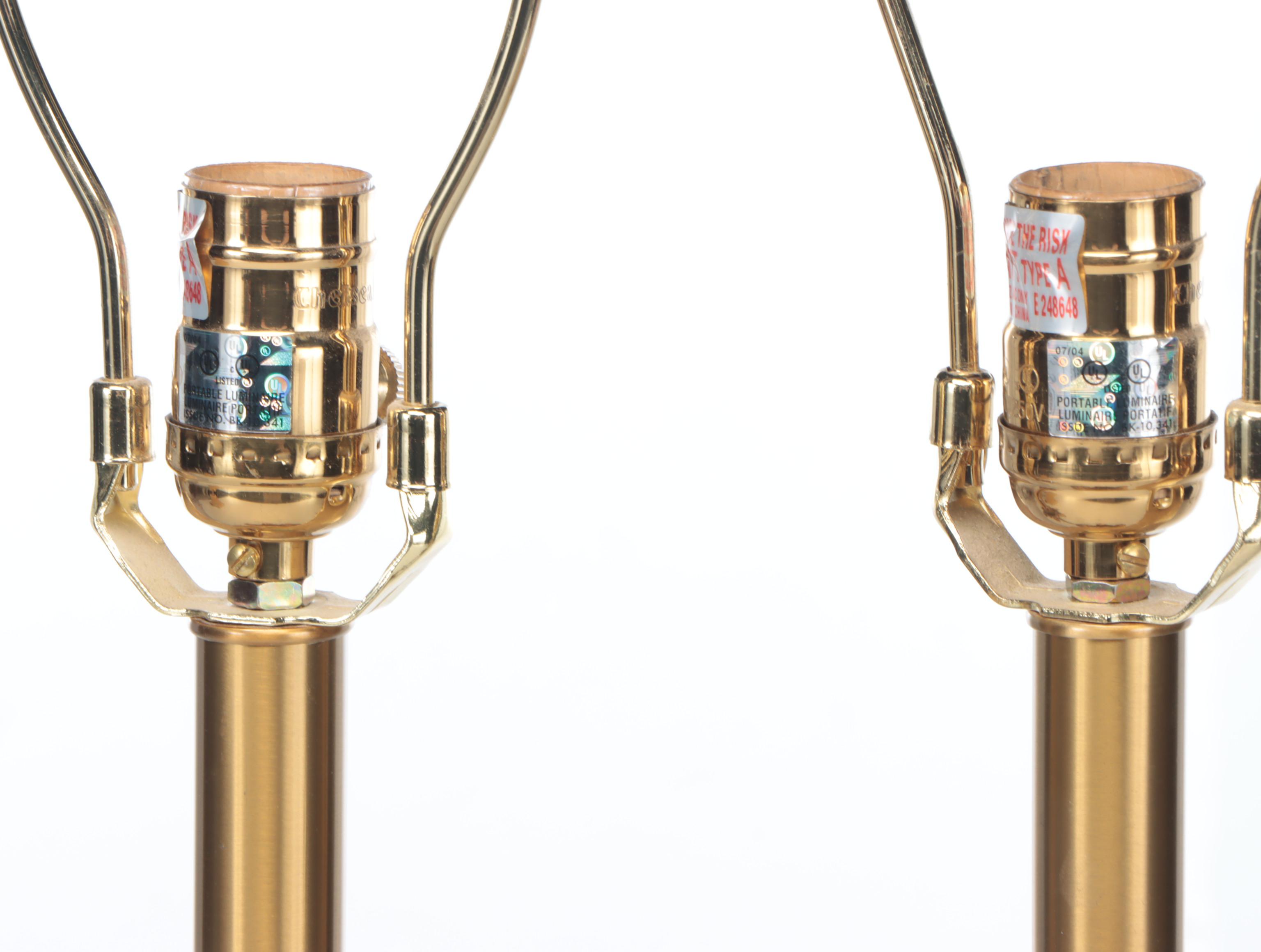 Pair of Chelsea House Gilt Metal Console Lamps with Custom Gold Fabric Shades