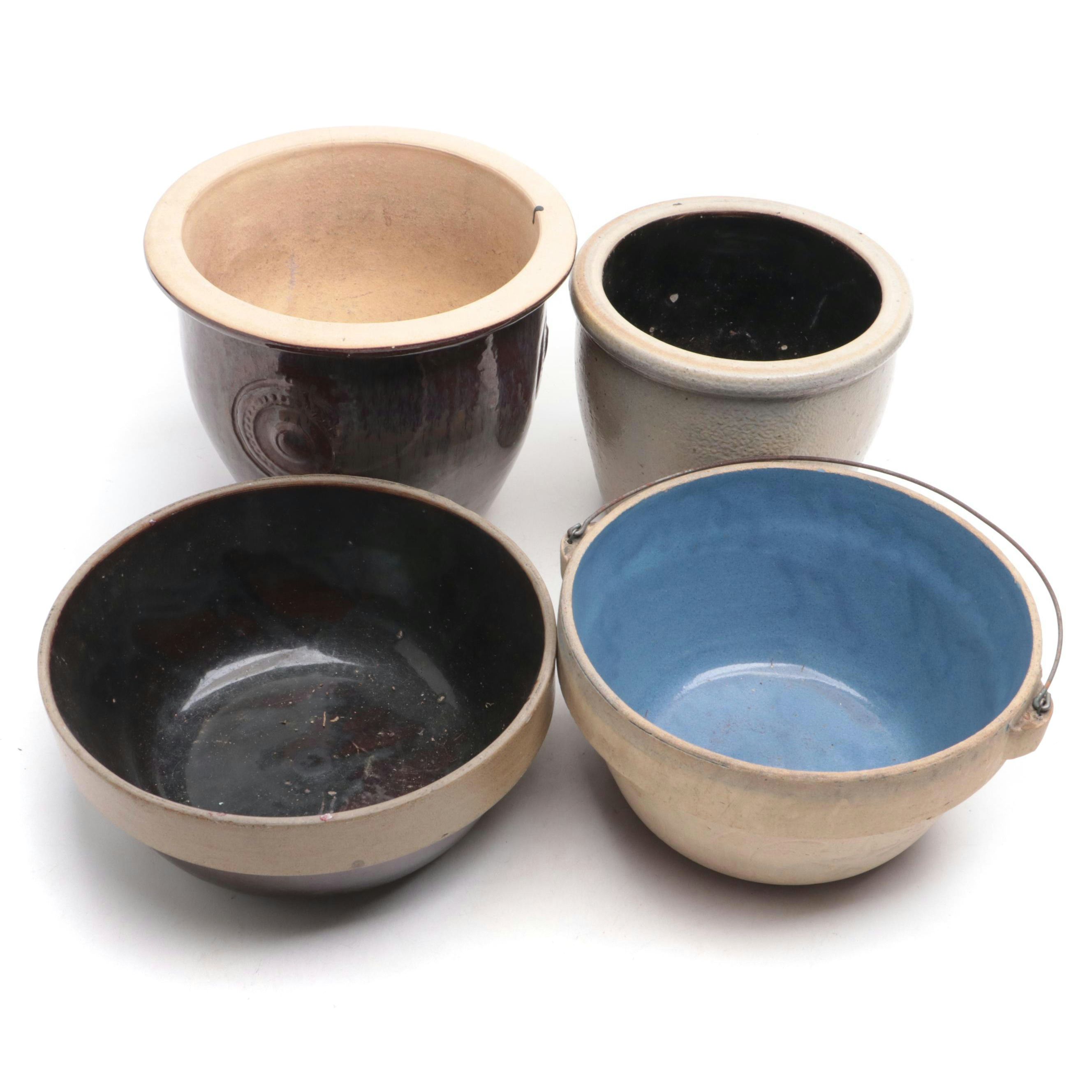Brownware with Other Stoneware Bowls and Planter, 20th Century