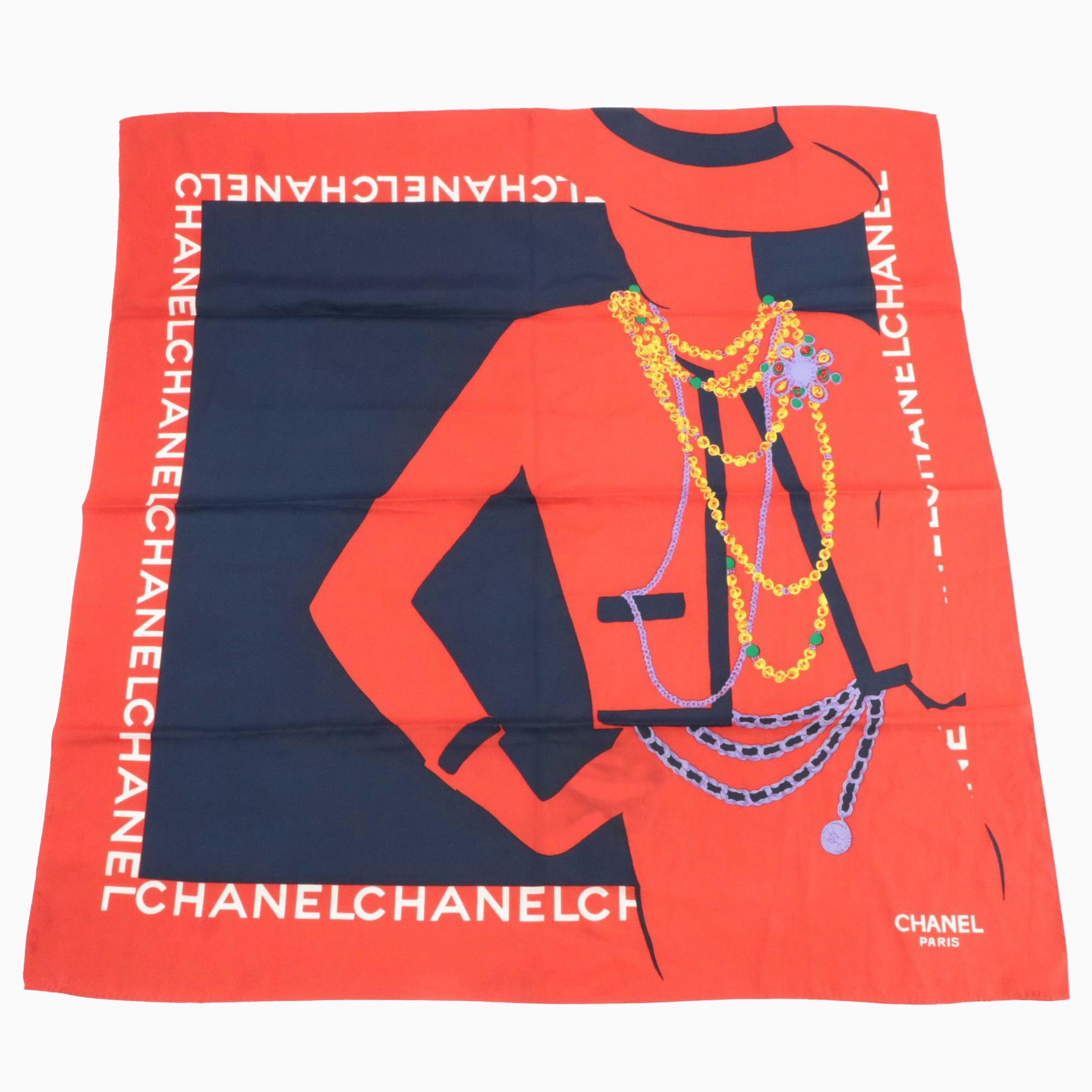 Chanel Signature "Coco Portrait with Jewelry" Silk Scarf