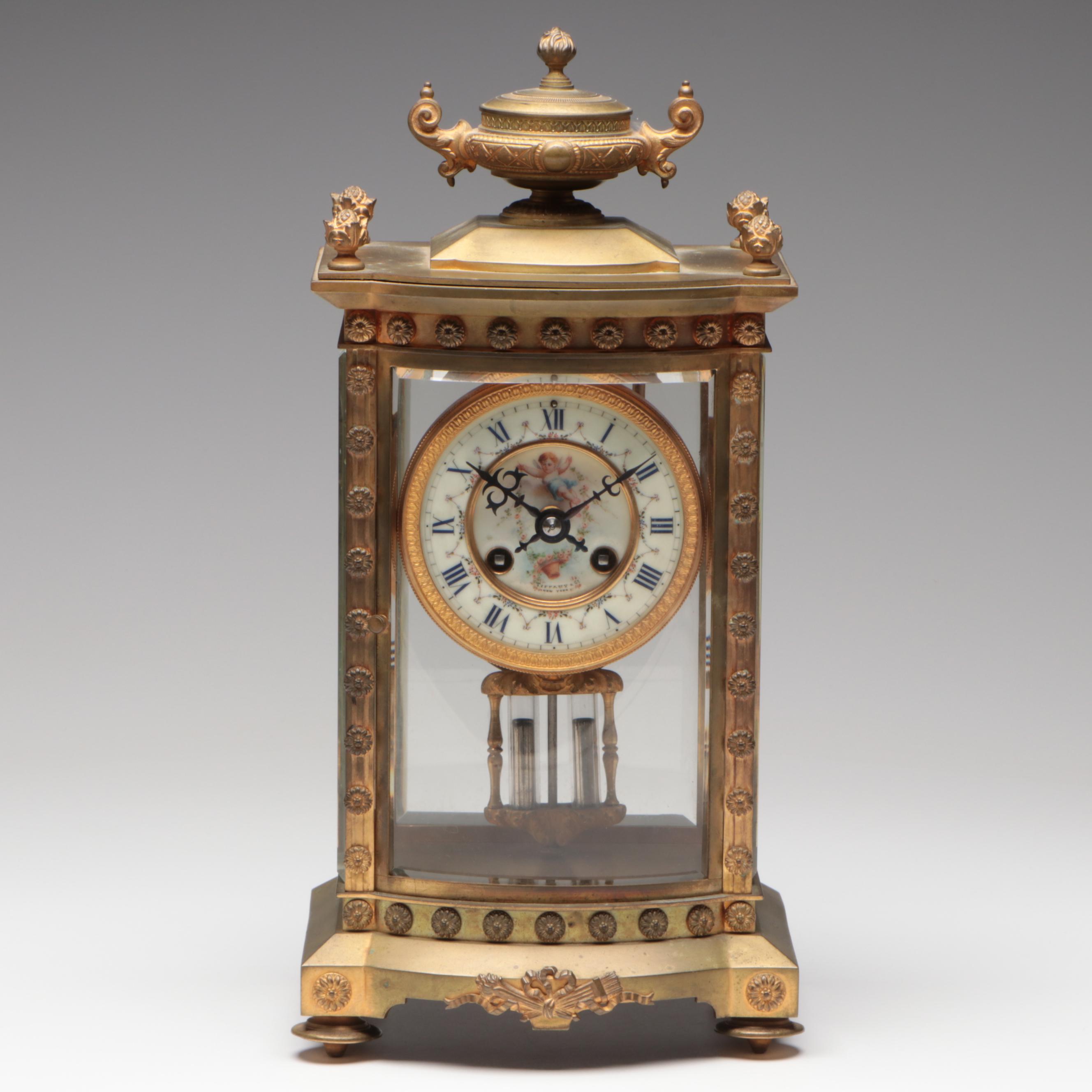 French Gilt Bronze and Glass Mantel Clock with Tiffany & Co. Face, Early 20th C.