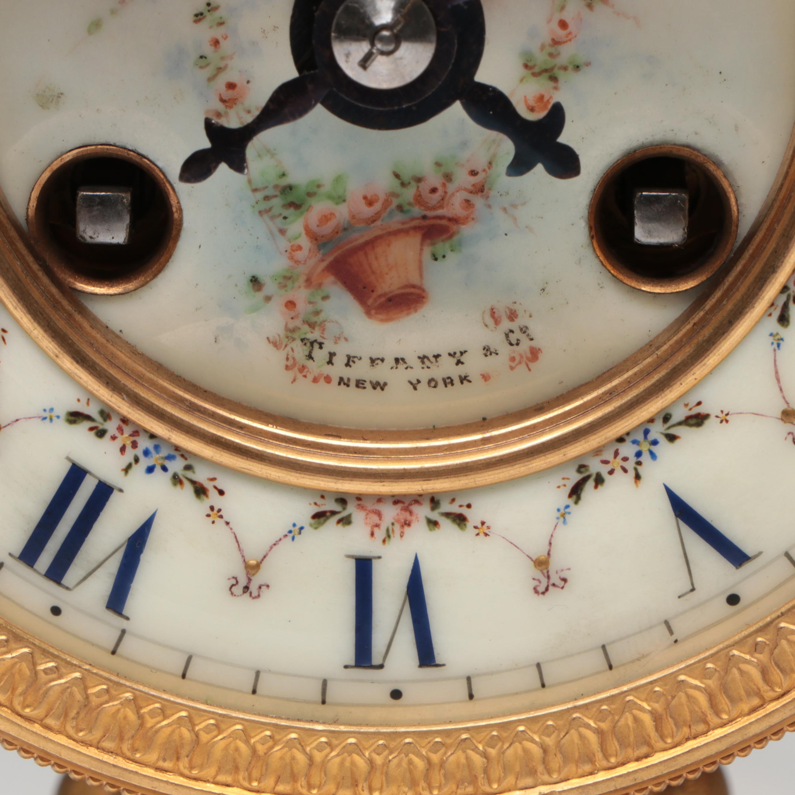 French Gilt Bronze and Glass Mantel Clock with Tiffany & Co. Face, Early 20th C.