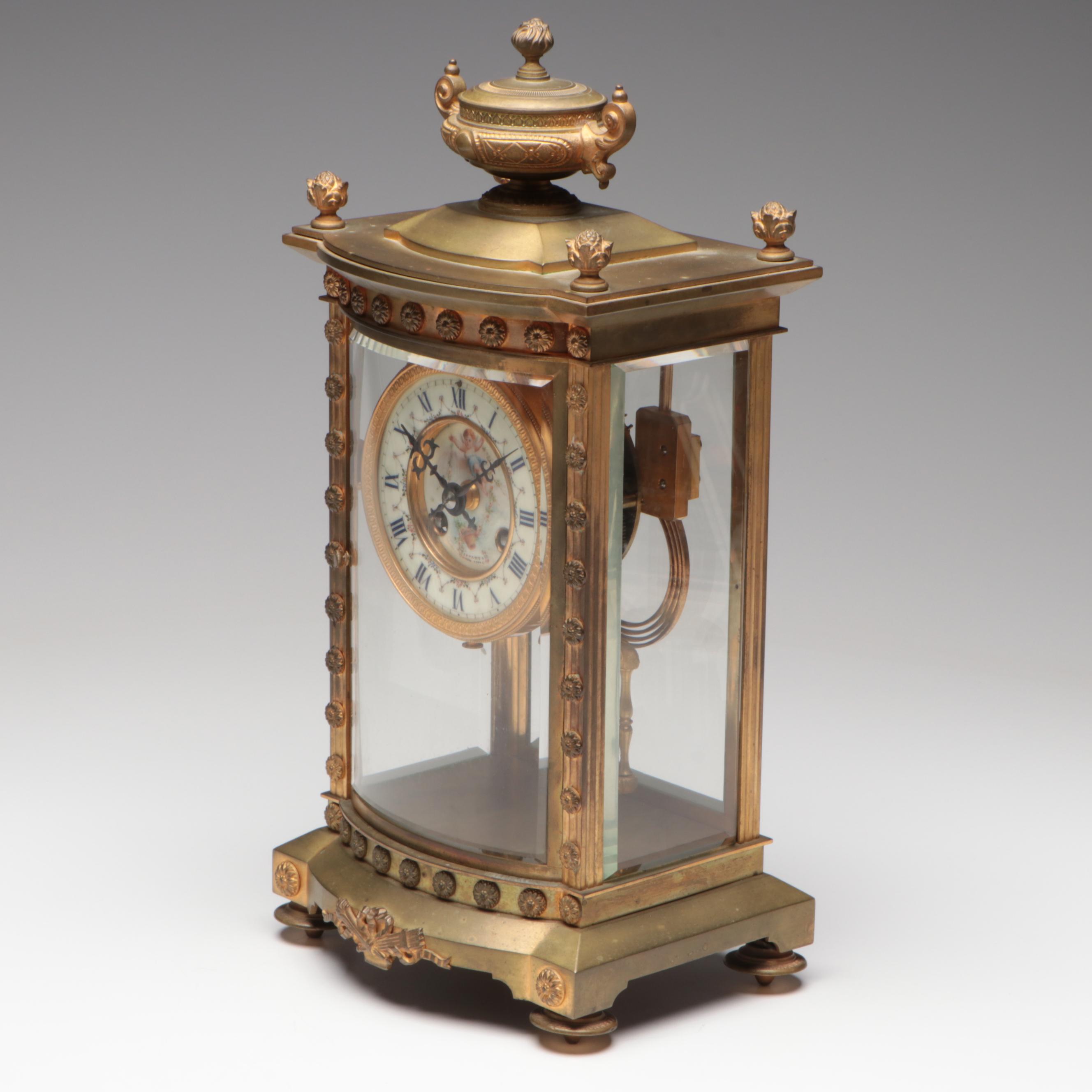 French Gilt Bronze and Glass Mantel Clock with Tiffany & Co. Face, Early 20th C.