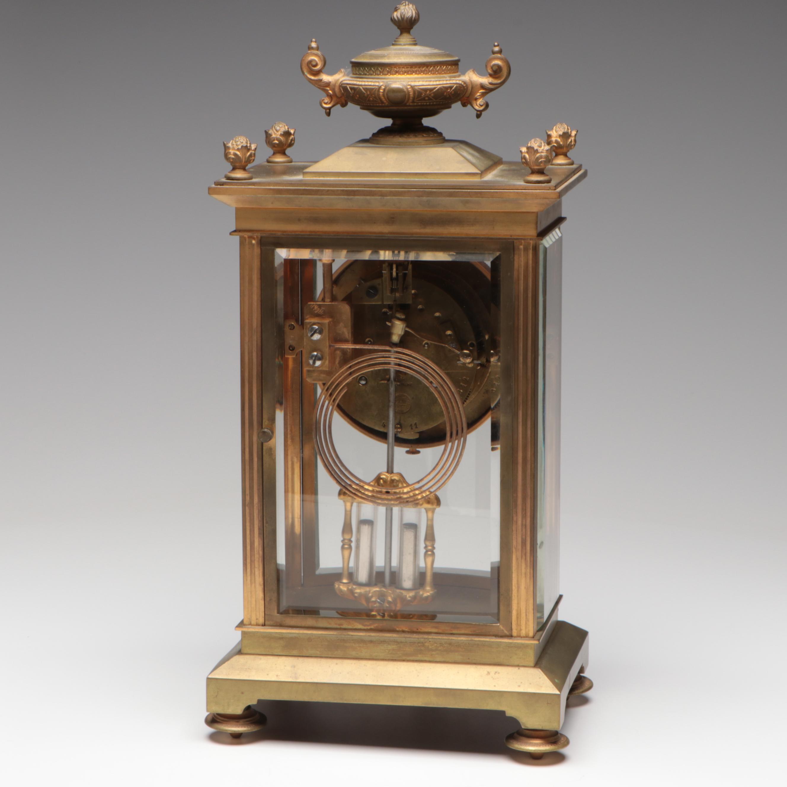 French Gilt Bronze and Glass Mantel Clock with Tiffany & Co. Face, Early 20th C.