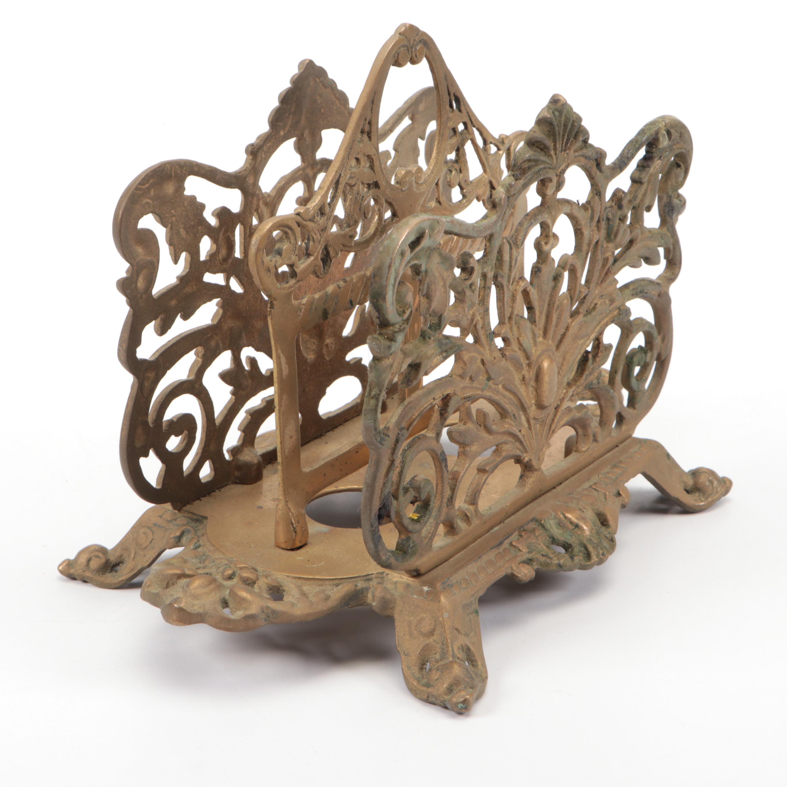 Antique Brass Rococo Style Openwork Letter Holder with Indian Brass Candlesticks