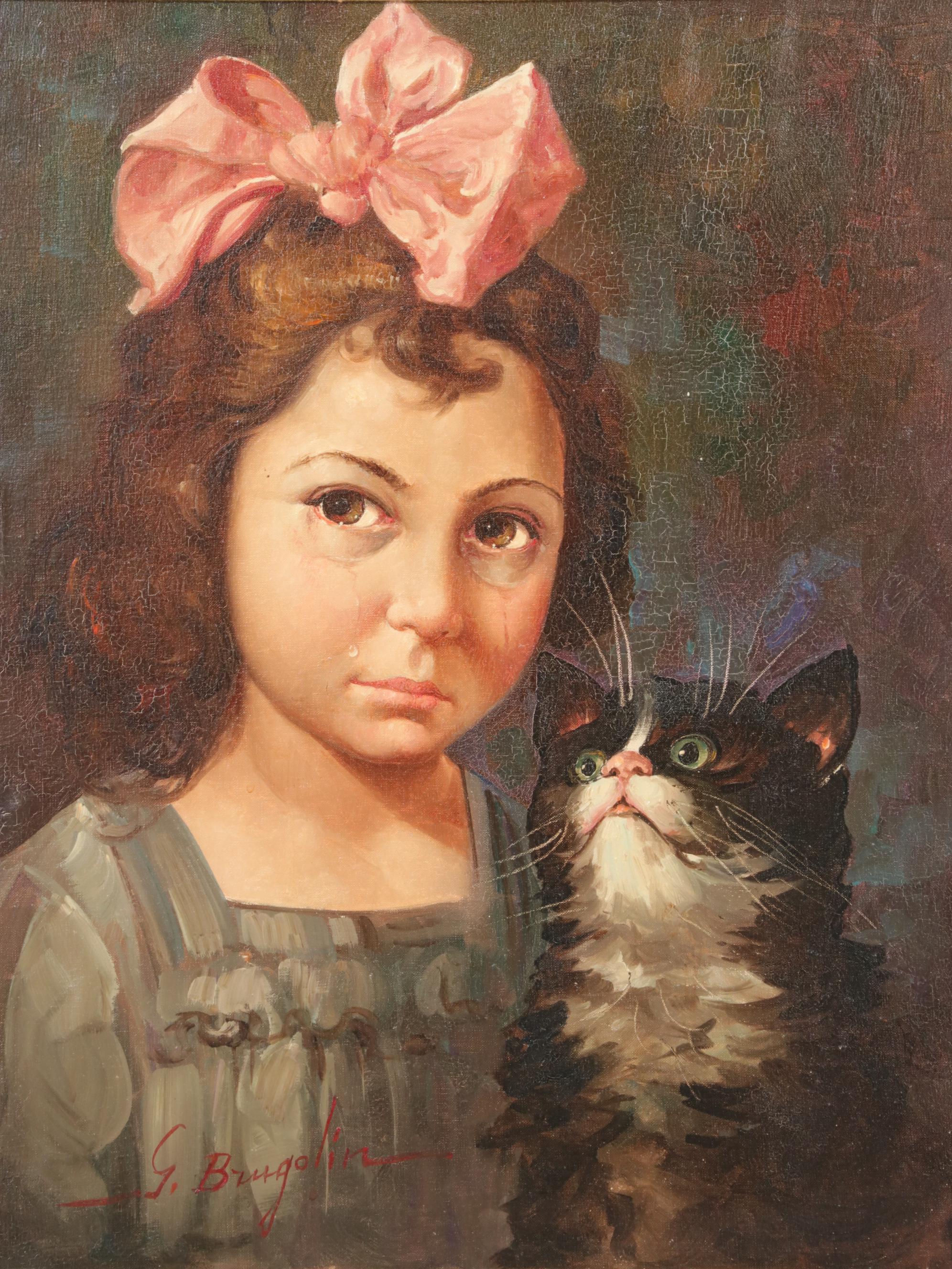 Giovanni Bragolin Portrait Oil Painting of Crying Child With Cat, Mid-20th C.