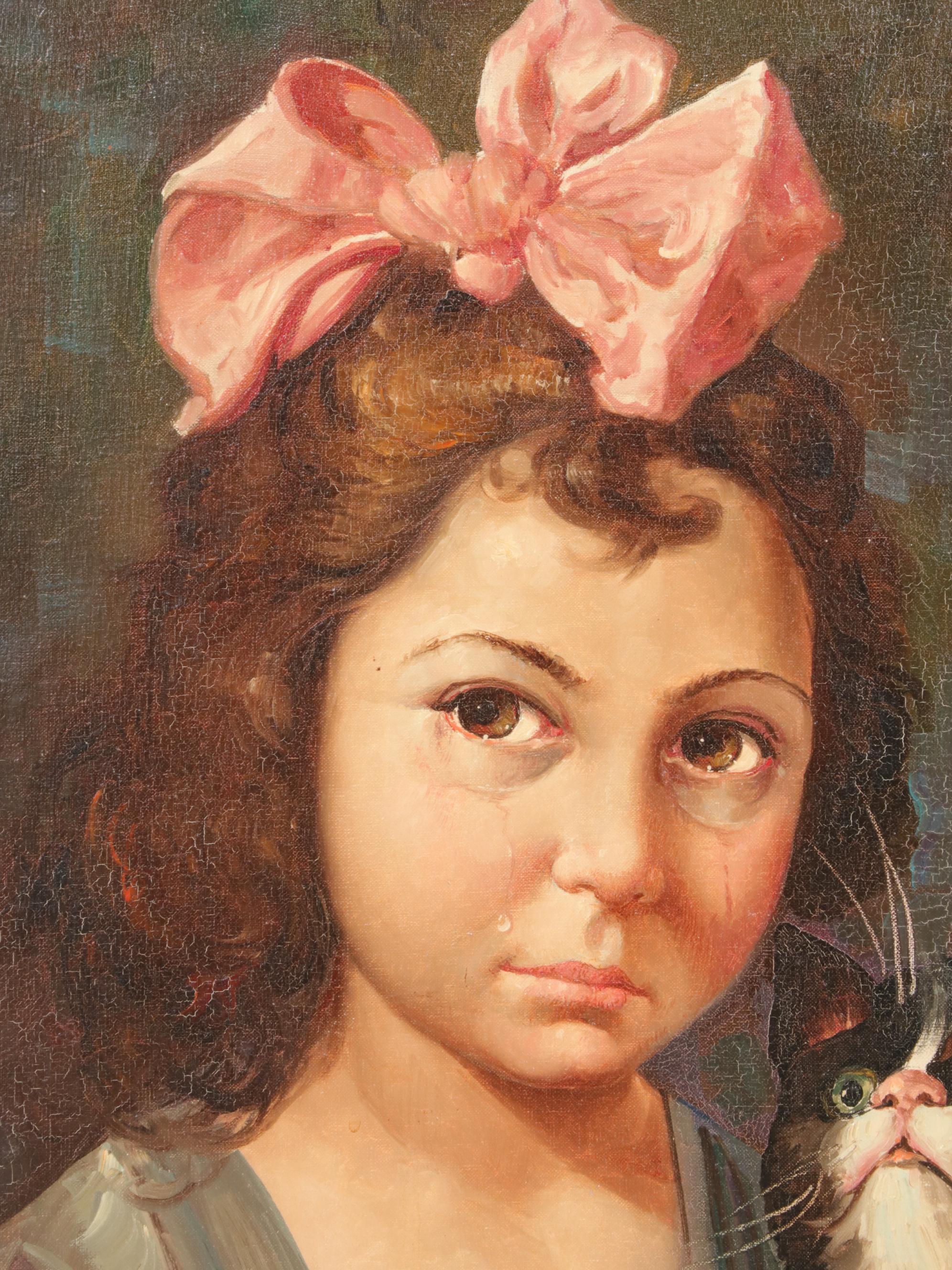 Giovanni Bragolin Portrait Oil Painting of Crying Child With Cat, Mid-20th C.