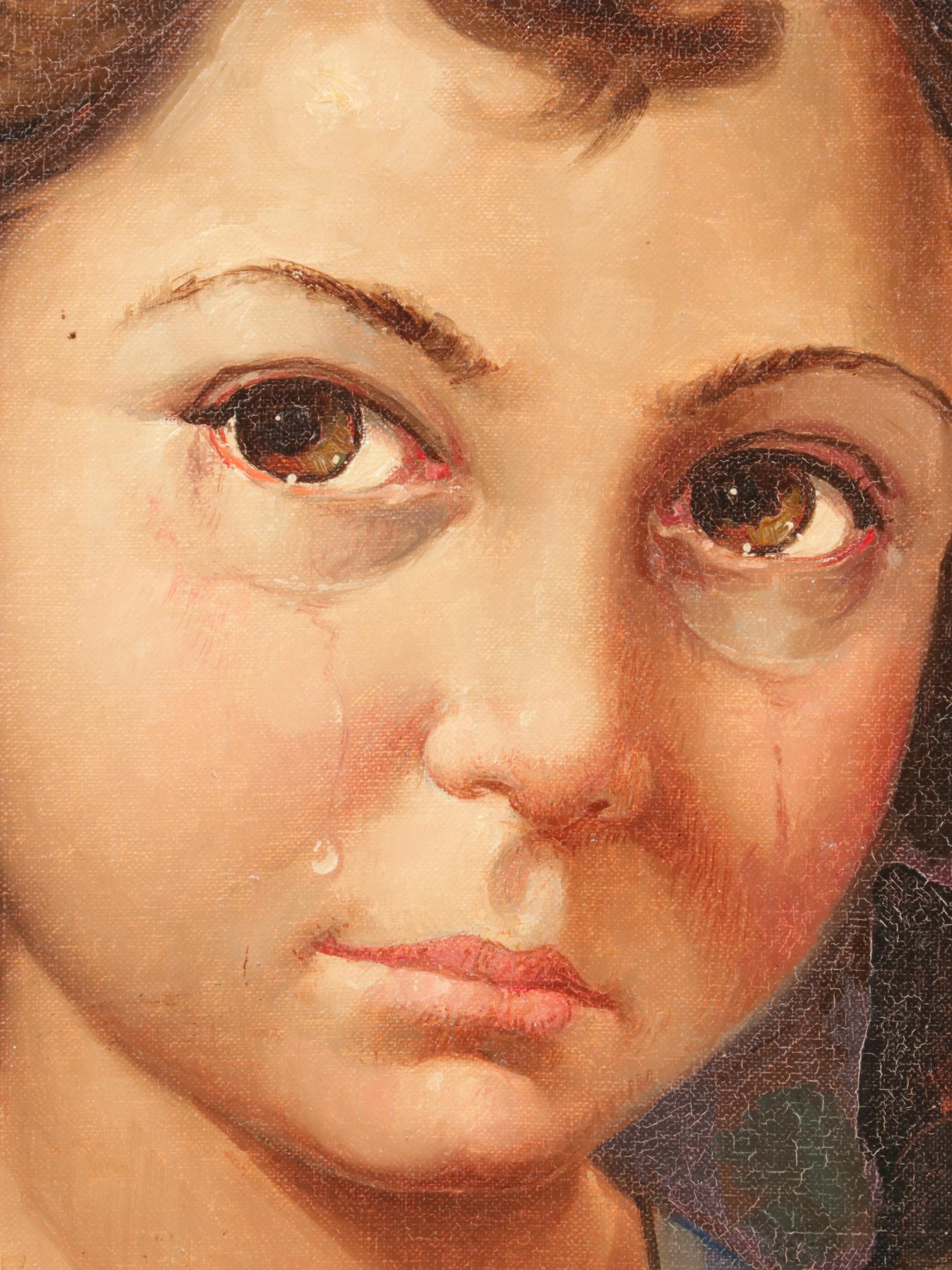 Giovanni Bragolin Portrait Oil Painting of Crying Child With Cat, Mid-20th C.