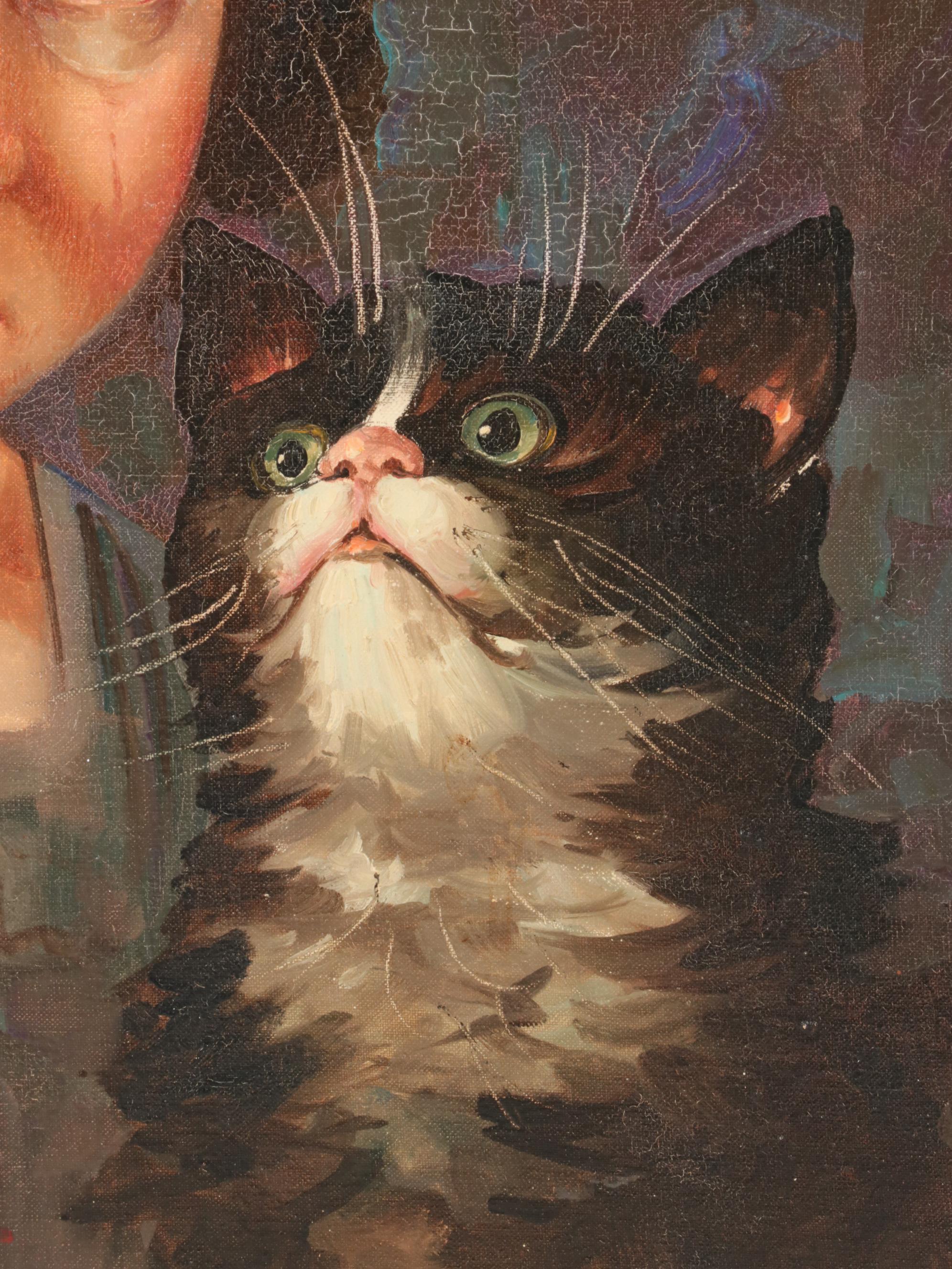 Giovanni Bragolin Portrait Oil Painting of Crying Child With Cat, Mid-20th C.